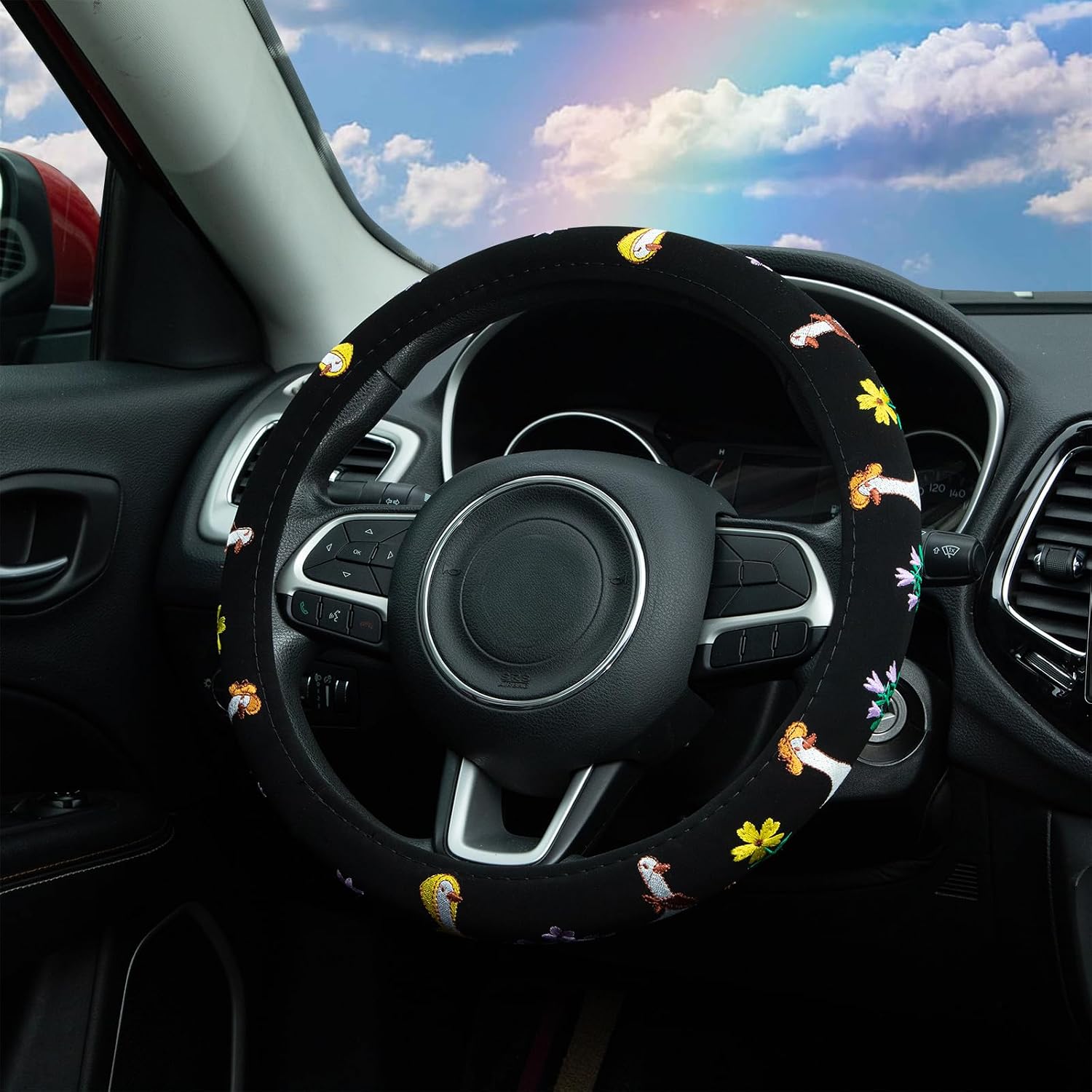 Embroidered Goose Cute Black Steering Wheel Cover, Auto Anti-Slip Breathable Steering Wheel Protector, Goose Car Accessories for Women,Universal Size Fit Most Cars -15 inch