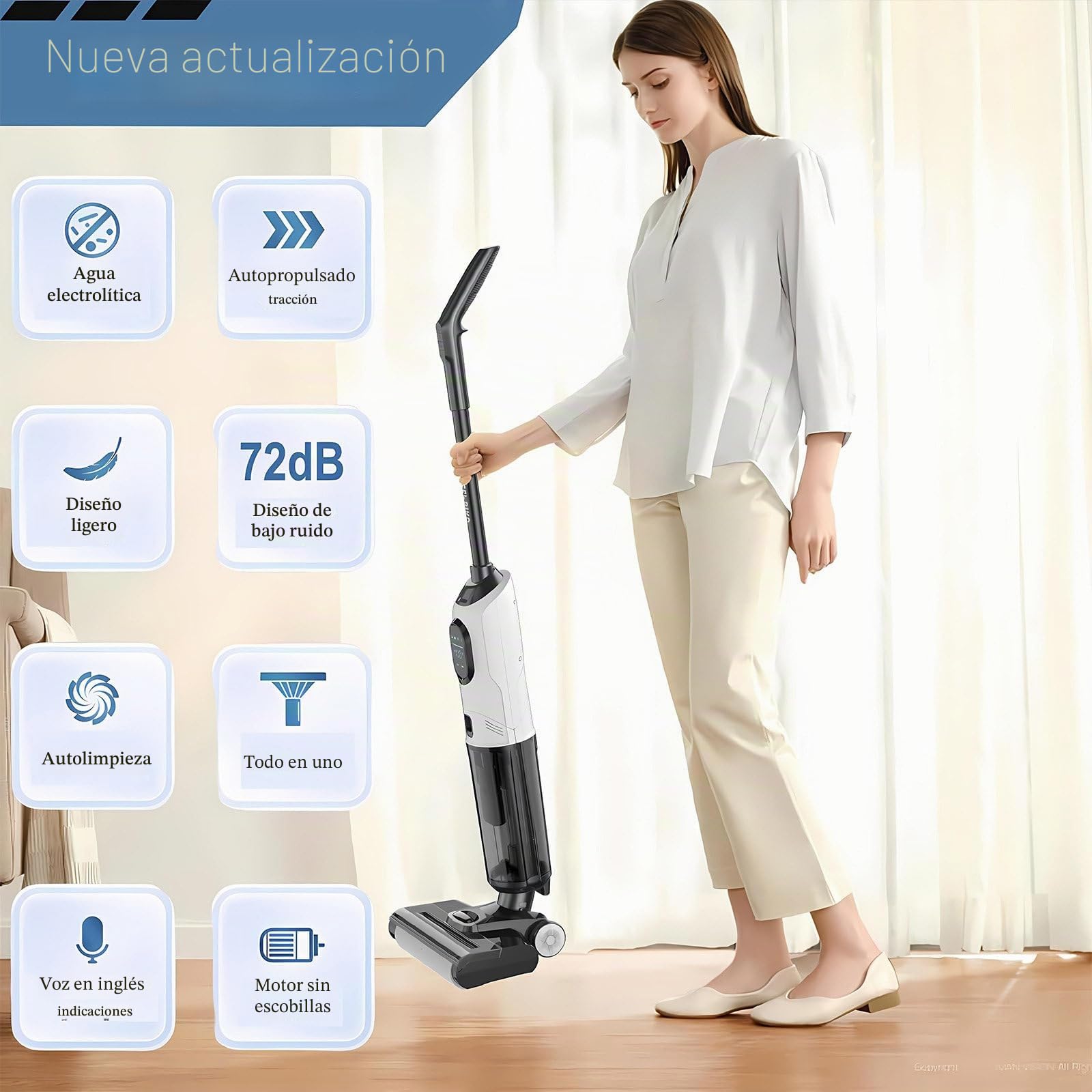 Fregona Lavapavimentos Profesional Y Aspiradora Inalámbrica En Seco Y Húmedo, Limpieza Multisuperficie, Control Inteligente Y Autolimpiante Ideal Para Madera, Baldosas Alfombras Dry+Tilt180°