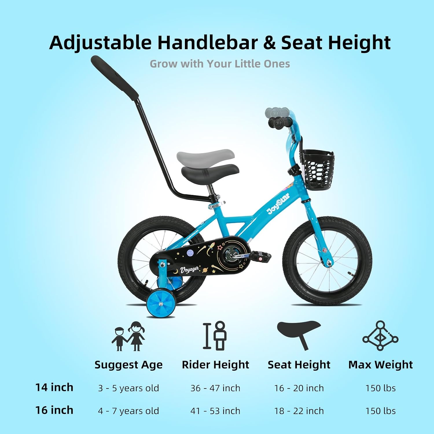 JOYSTAR 10" 12" 14" 16" Kids Bike for Boys and Girls Ages 1-7Y | Toddler Bike with Training Wheels & Basket, Detachable Parent Push Handle, Kids Pedal Bike