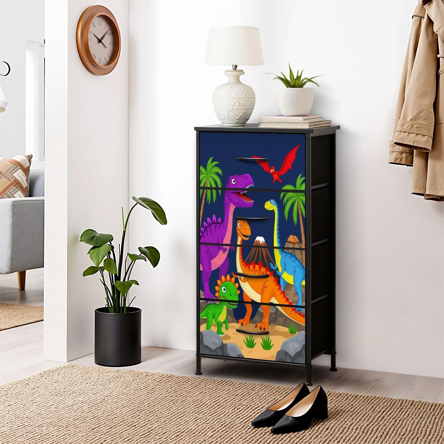 Dresser for Bedroom Dresser for Closet 3D Dinosaur Dino Crack Hole Animal Dinosaurs Nursery Dressers & Chests of Drawers Fabric Closet Organizers and Storage with 4 Drawers