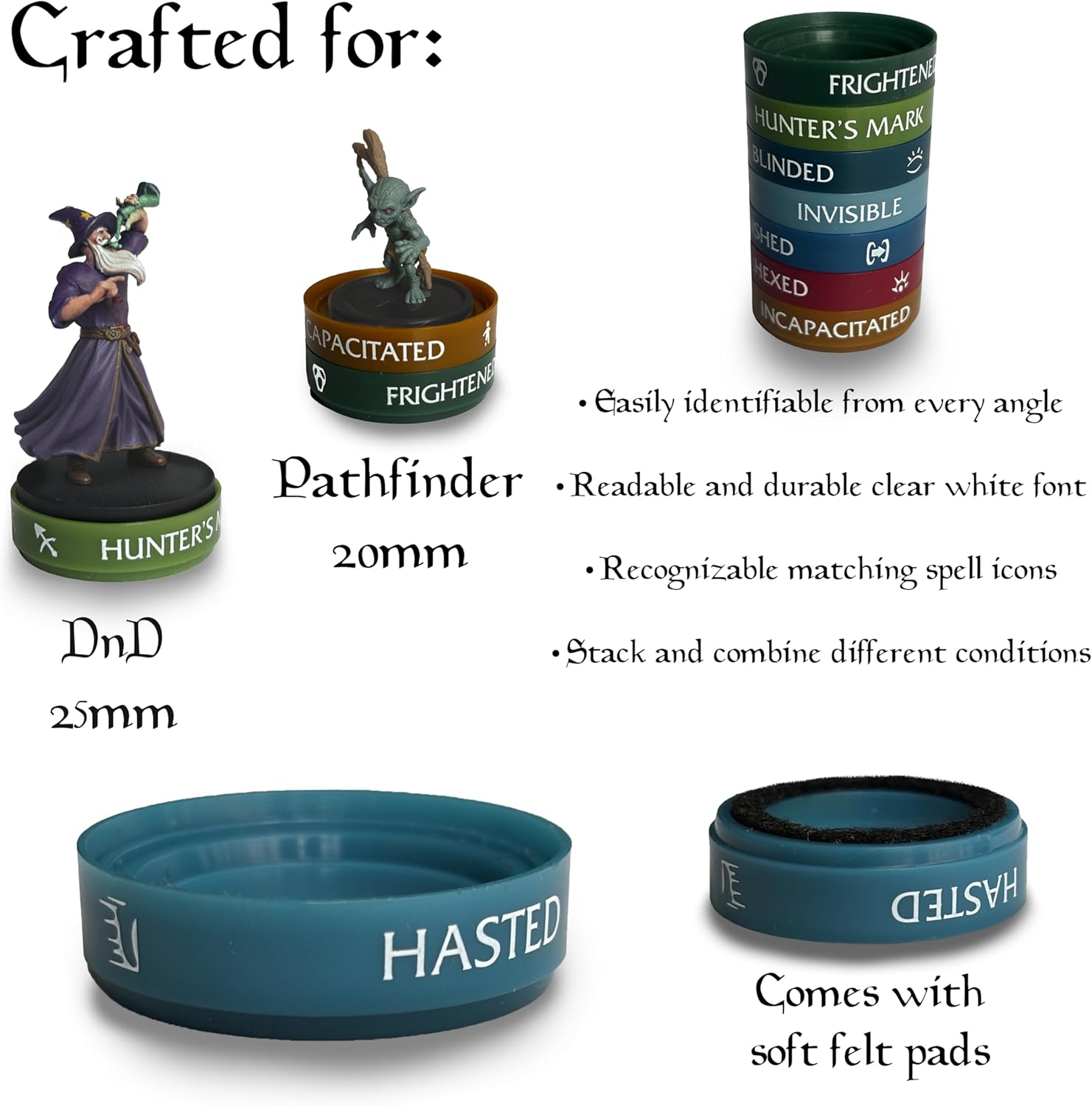 WASTED WIZARD Stackable DND Condition Rings. 120 Pieces Divided by 30 Different statuses and Spells. These D&D Accessories are Compatible with Pathfinder and Dungeons and Dragons Miniatures.