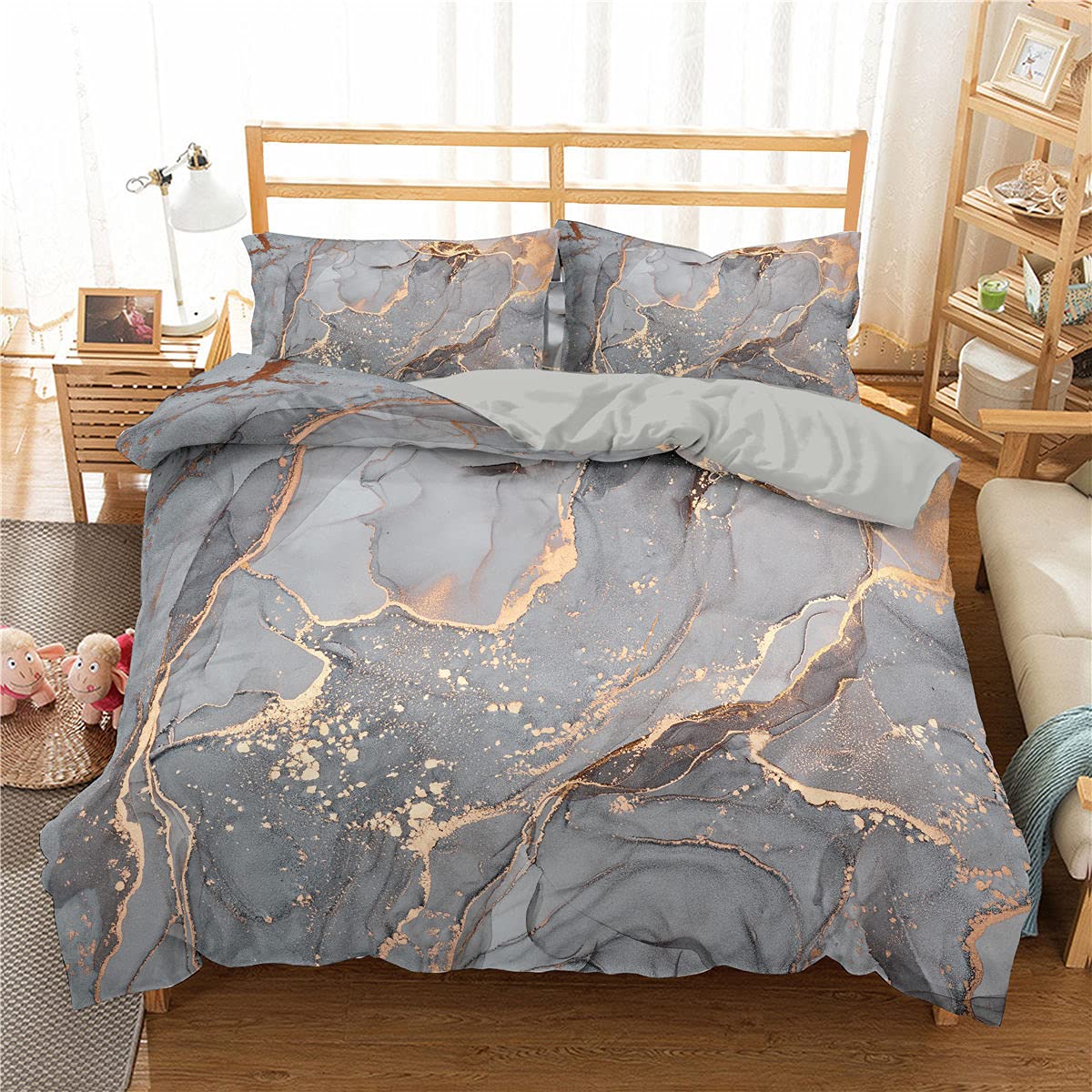 XJHTJA Marbling Duvet Cover Double Grey and Gold Marble Bedding Set Luxury Abstract Stone Texture Quilt Cover for Men & Women Bedroom Bedspread Cover with Pillowcases Double