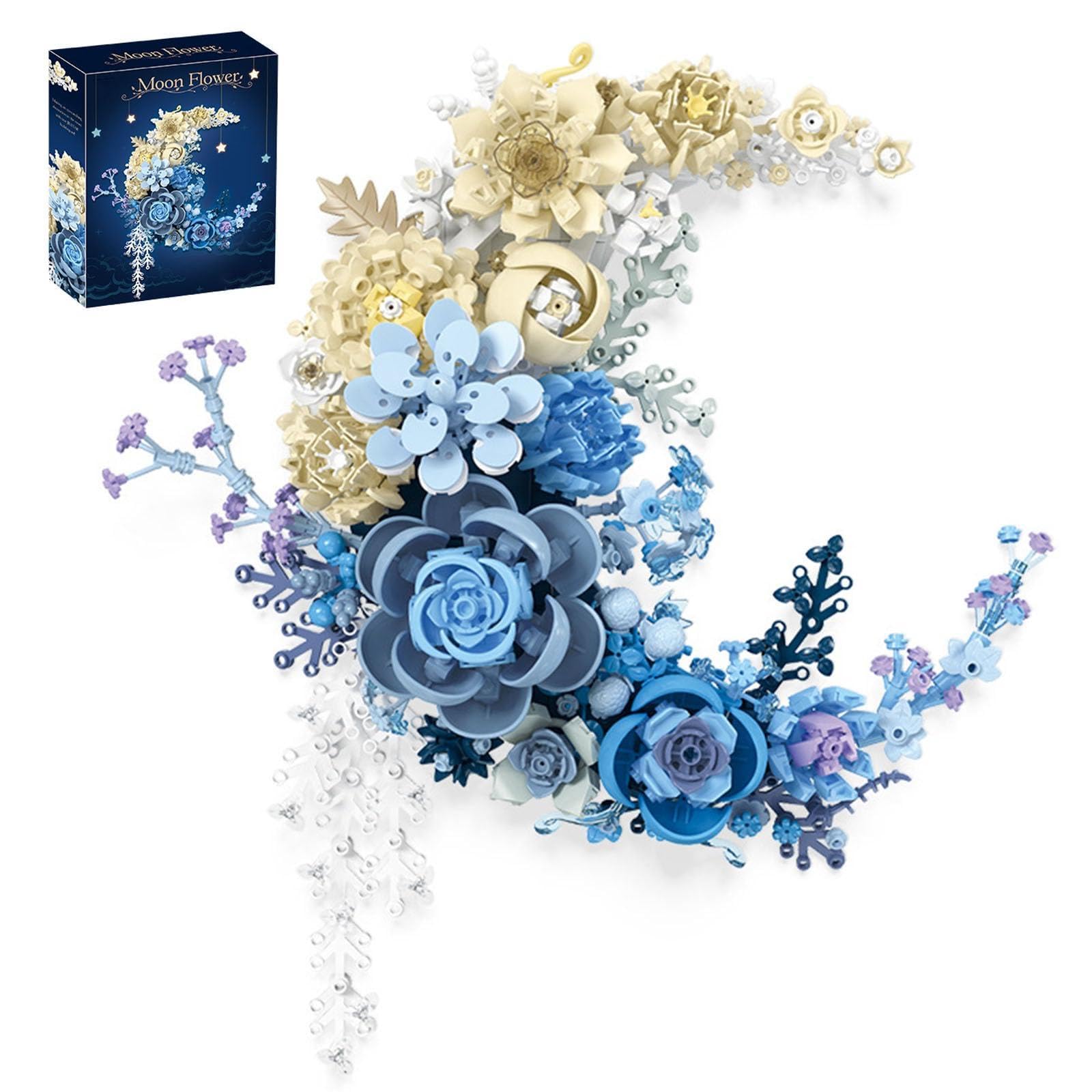 934 Pcs Blue Flowers Moon Building Blocks Set, Dried Flower Botanicals Collection, Creative Floral Building for Wall Decor, Compatible with Lego 853792 Accessory, Artistic Gift with Ages 6+
