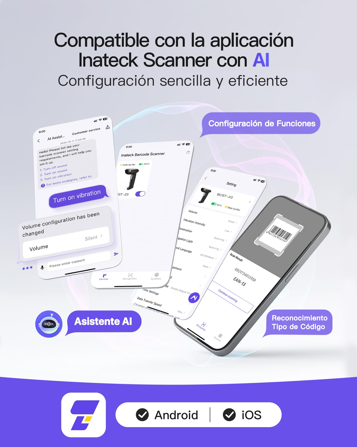 Inateck Escáner de Código de Barras Bluetooth, Lector de Código de Barras Inalámbrico USB 1D 2D Portátil, 1 Carga 3 Meses, Lector Código Barras con App y SDK, BCST-23, Oscuro