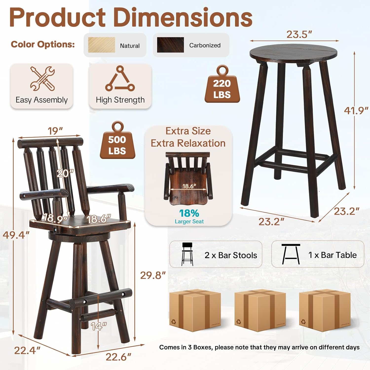 HOMEDIARY 3 Piece Outdoor Swivel Adirondack Bar Set, 41.9" Patio Log Bar Height Table & 2 Bar Stools with High Back, 500 LBS Heavy Duty Wooden Bar Stools Set for Deck Pub Garden Backyard, Carbonized