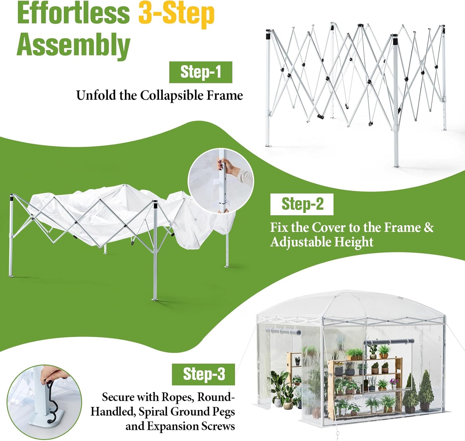 AMERLIFE 10×10×8.5 FT Pop-up Walk-in Greenhouse with Adjustable Reinforced Frame for Outdoors Indoor, Portable Greenhouse with 2 Roll-up Zipper Doors, Windows and PE Cover, White
