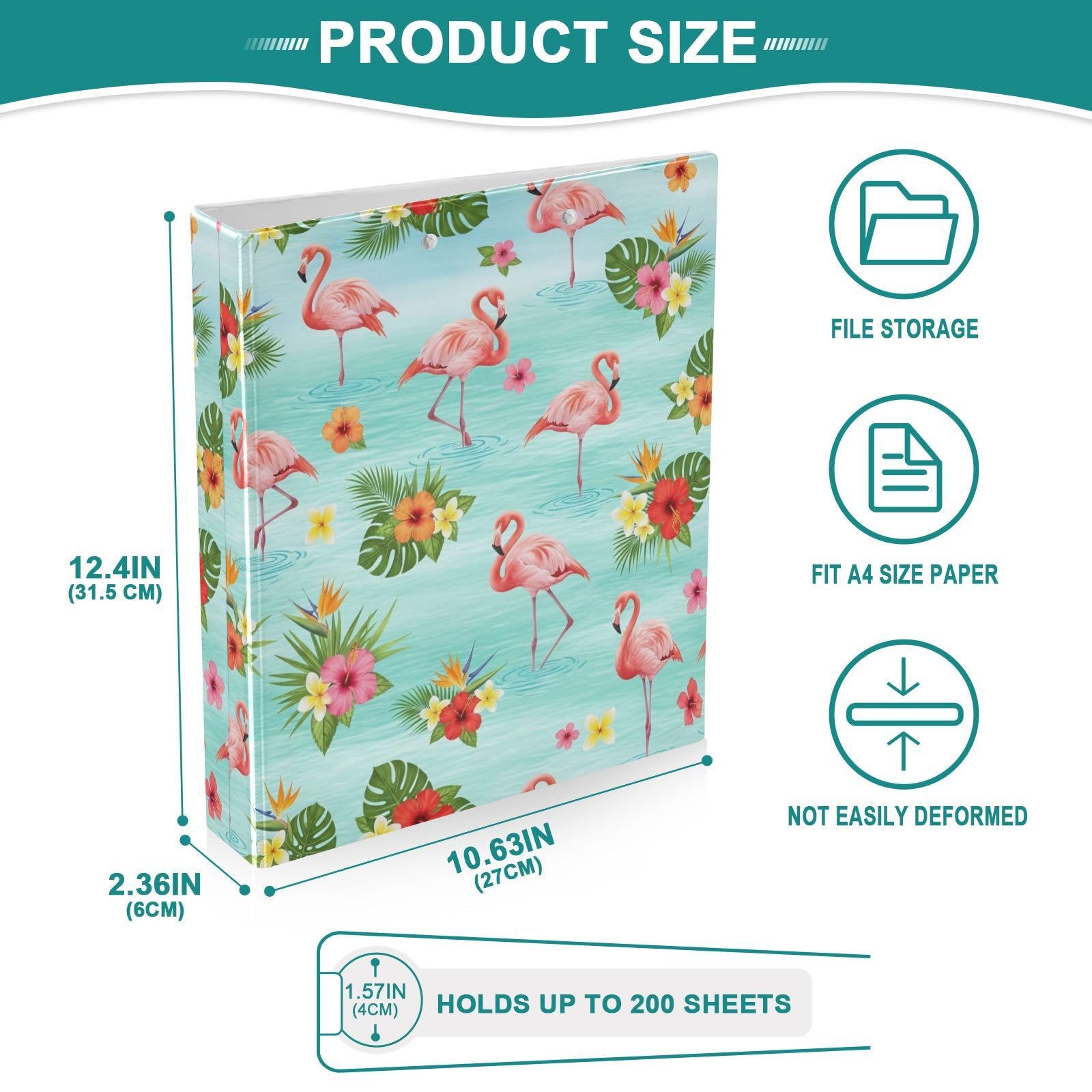 Raccoglitore ad anelli a D con 3 anelli, motivo fiori tropicali, fenicotteri rosa, verde, con portablocco grande, 3 raccoglitori per scuola, università, ufficio (confezione da 2)