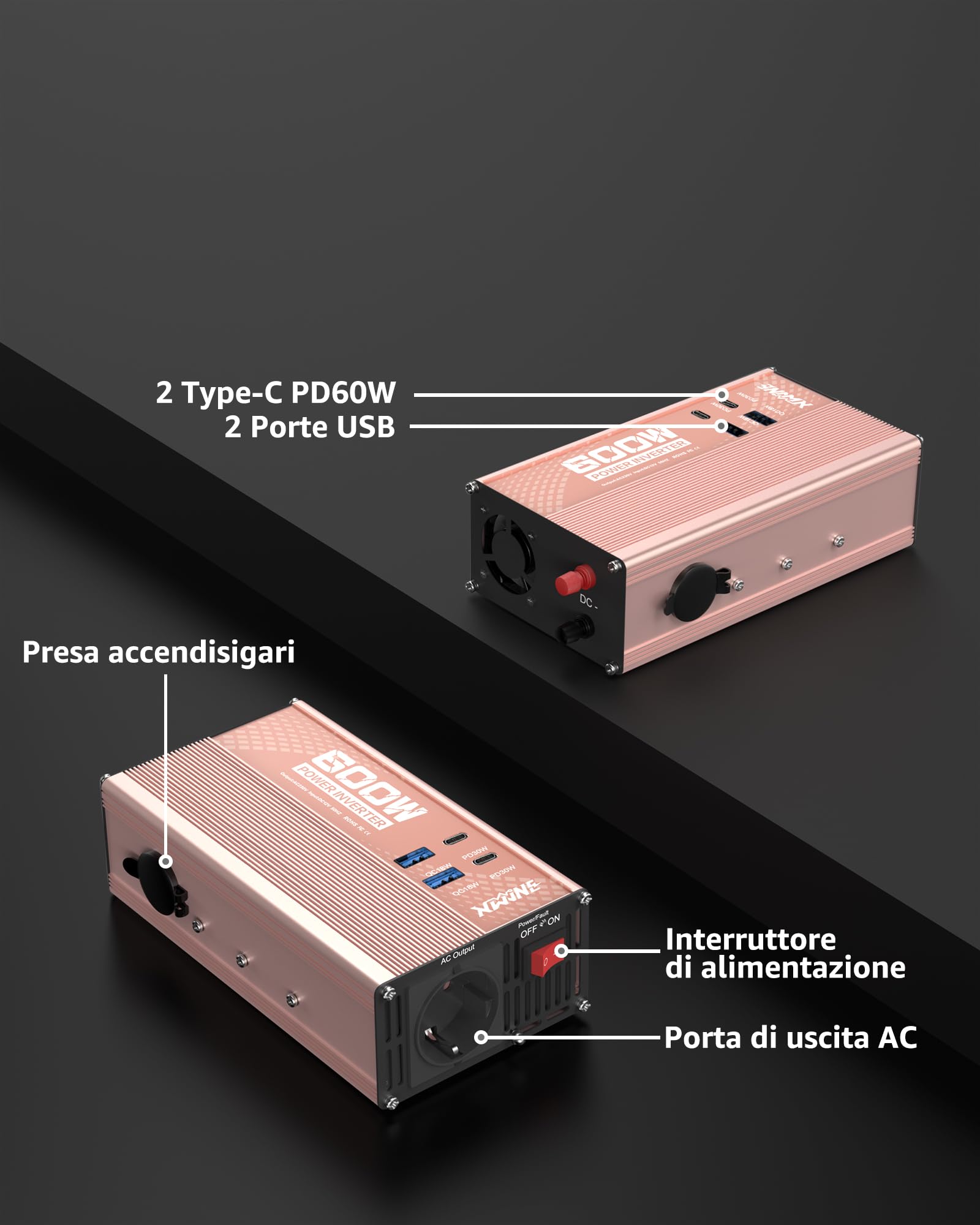 XWJNE 600W Inverter 12V 220V, Invertitore di Tensione con 1 Presa AC EU, 2 USB-A, 2 USB-C, Convertitore Onda Modificata Include Cavo Accendisigari e Pinze a Coccodrillo, per Auto, Camper, Viaggi