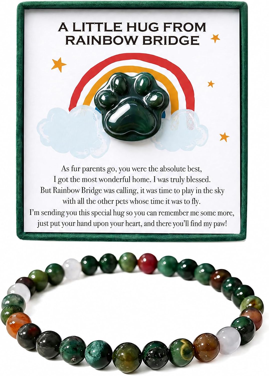 LINGYUAN Green Agate Pet Memorial Gift Set, Natural Paw Print Stone with 6mm Bracelet, Rainbow Bridge Sympathy Keepsake for Loss of Dog or Cat