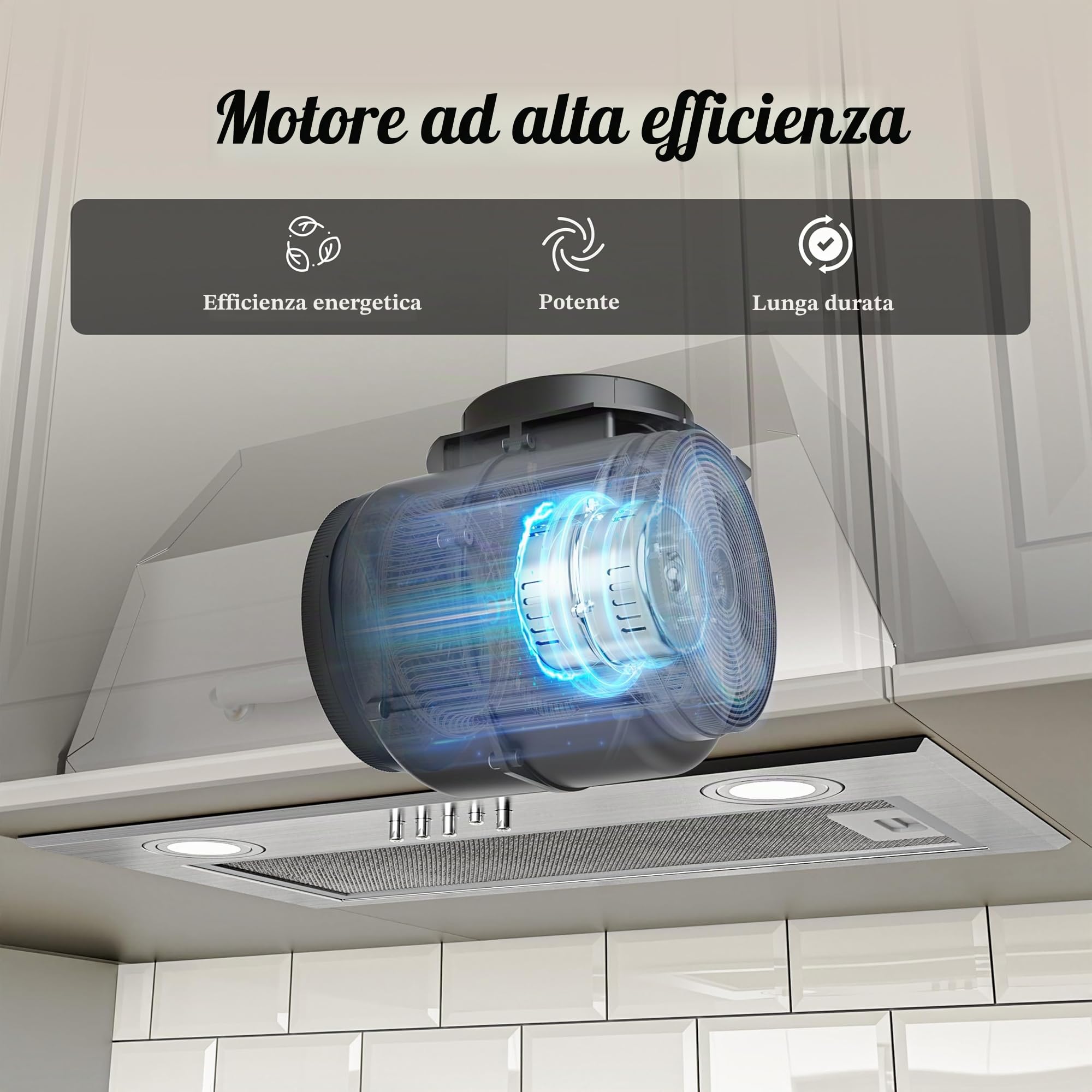 FIREGAS Cappa Aspirante a Incasso 52cm, Aspiratore Silenzioso con Motore ad Alta Efficienza, Classe Energetica A, 590m³/h, 3 Velocità, Illuminazione LED, Filtro a Carboni Attivi