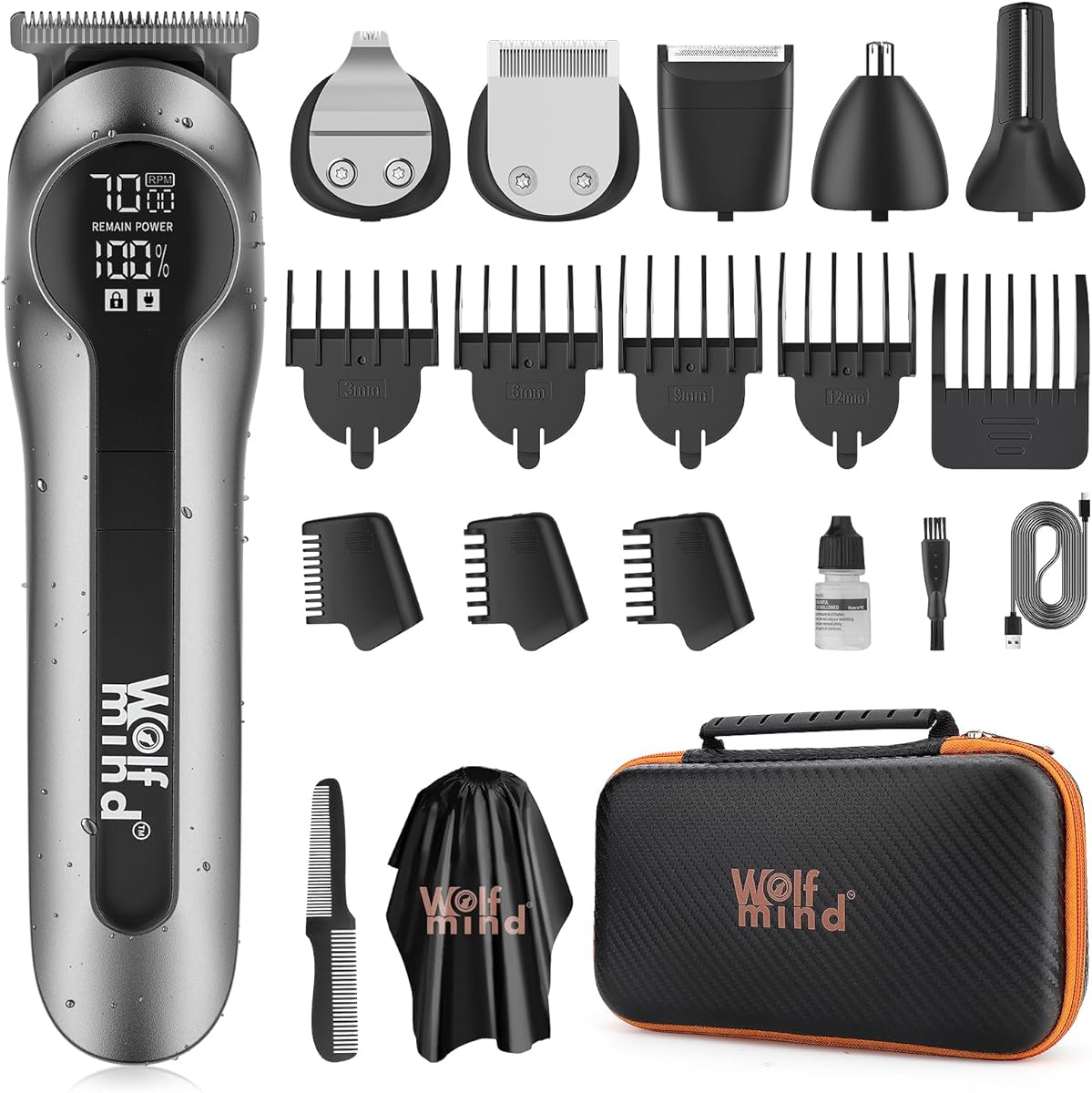 Wolf Mind 14-in-1 Beard Trimmer for Men, Hair Clippers & Electric Shaver with Nose Trimmer, Dual-Speed Motor, LED Display, 90min USB Type-C Rechargeable Grooming Kit for Face & Body – Black + Gray
