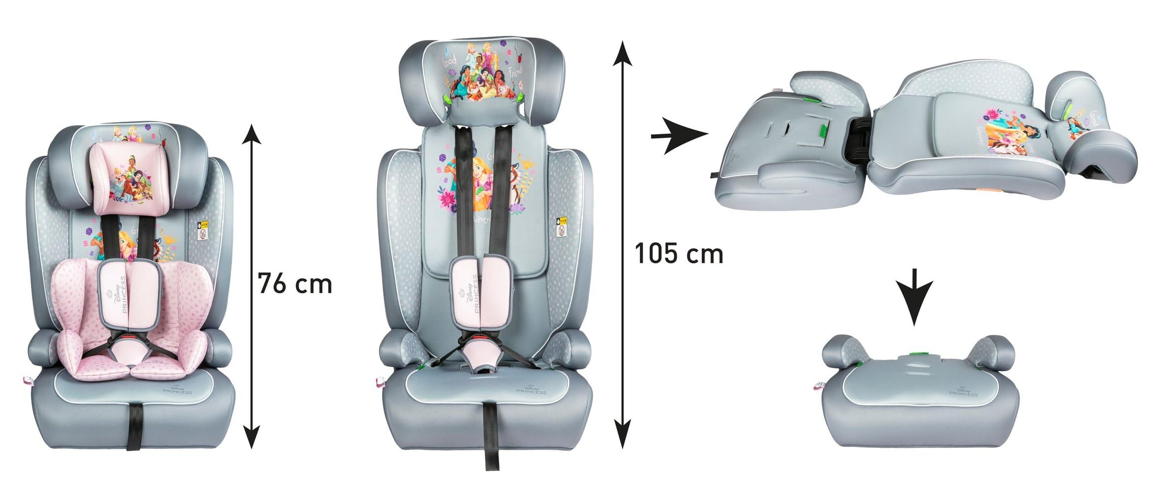 Disney Princesses I-Size R129 Autositz. Kindersitz mit einer Höhe von 76 bis 150 cm. Einstellbare Kopfstütze und Polsterung.