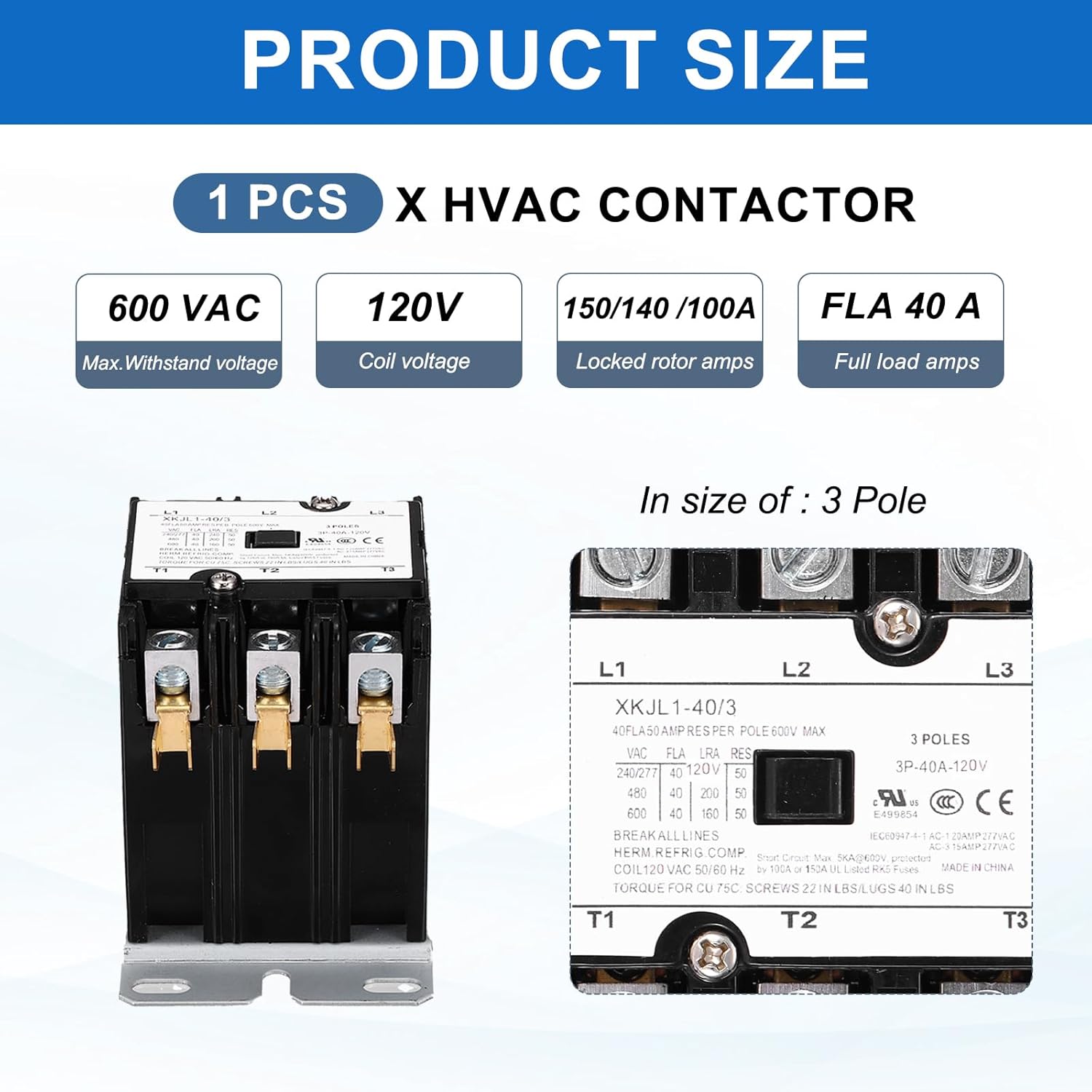 DMiotech HVAC Contactor, 3 Pole FLA 40 Amps 120V Coil Air Conditioner Contactor Compressor Condenser Motor AC Definite Purpose Contactor, UL Listed