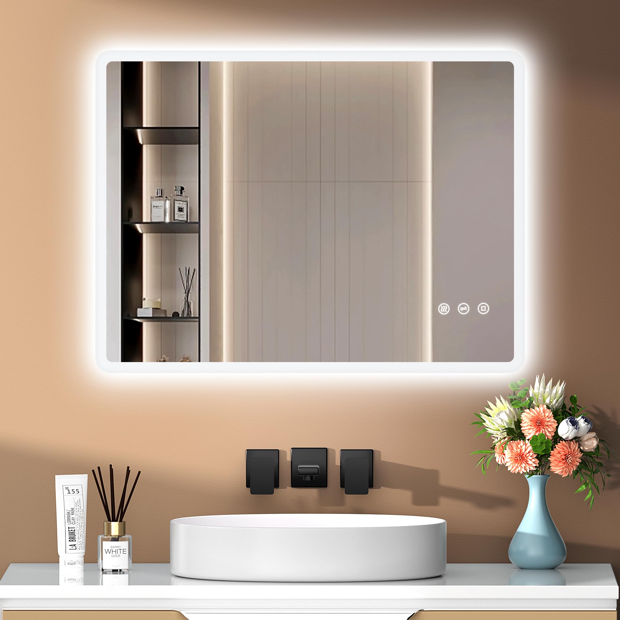 PESENXAN Badspiegel mit Beleuchtung 80 x 60 cm, 3 Lichtfarbe Einstellbare Spiegel Bad mit Beleuchtung, Dimmbar, Antibeschlag, IP44 Wasserdicht & Speicherfunktion, für Montage Horizontal/Vertikal