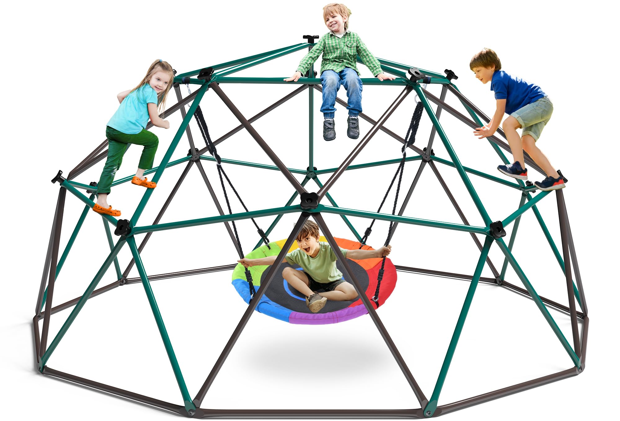 Hapfan 10 ft Climbing Dome Swing Set with Saucer Swing, Jungle Gym for Kids Outdoor Backyard, Supports 800lbs, Easy Asssembly, Rust-Resistant Outdoor