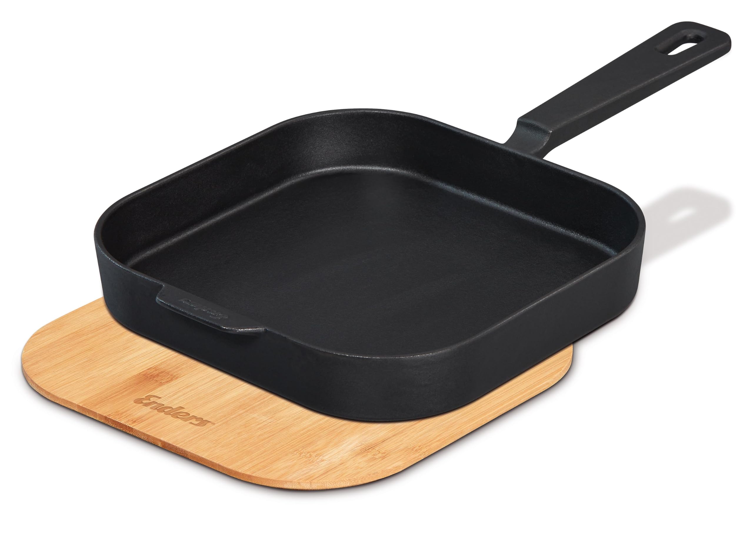 Enders® Patelnia żeliwna L, wysoka krawędź, równomierne rozprowadzanie ciepła i przechowywanie, do użytku na grillu, kuchence kempingowej, płycie kuchennej lub otwartym ogniu, w zestawie bambusowa