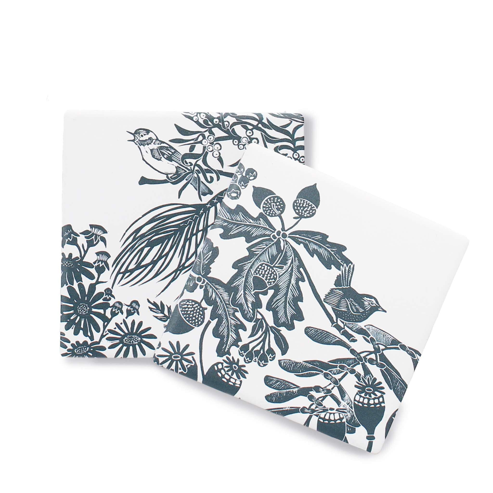 NEW Coasters Set of 2 Ceramic Boxed - Kate Heiss (Woodland Navy