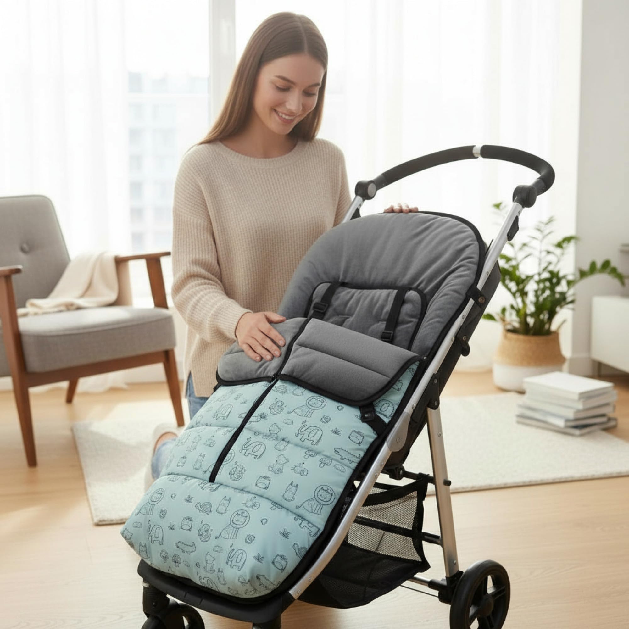 Variouss Saco Silla Paseo Universal Invierno Impermeable – Saco Cochecito Bebé con Cremallera Lateral y Forro Cálido de Coralina, Desmontable y Ajustable, con Estampado de Animalitos (Verde)