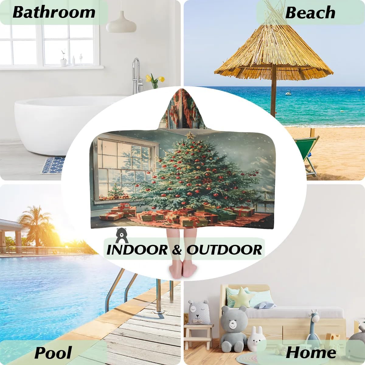 Pardick Kid Bath Towels Home Christmas Tree Kids Towel with Hood for Girls Boys Beach Towel Pool Cover Up Soft Absorbent Toddler Hooded Bath Towel for Shower, Beach, Pool