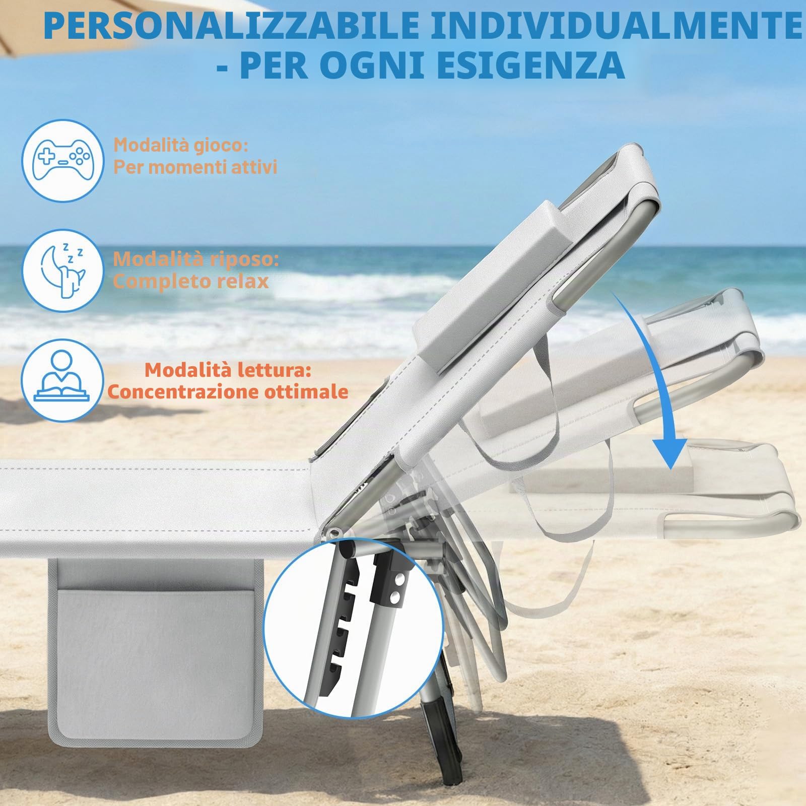 Huracan Lettino prendisole con apertura del viso, pieghevole da giardino con cuscino rimovibile e schienale regolabile in 3 posizioni, leggero, da campeggio, per piscina, spiaggia, grigio