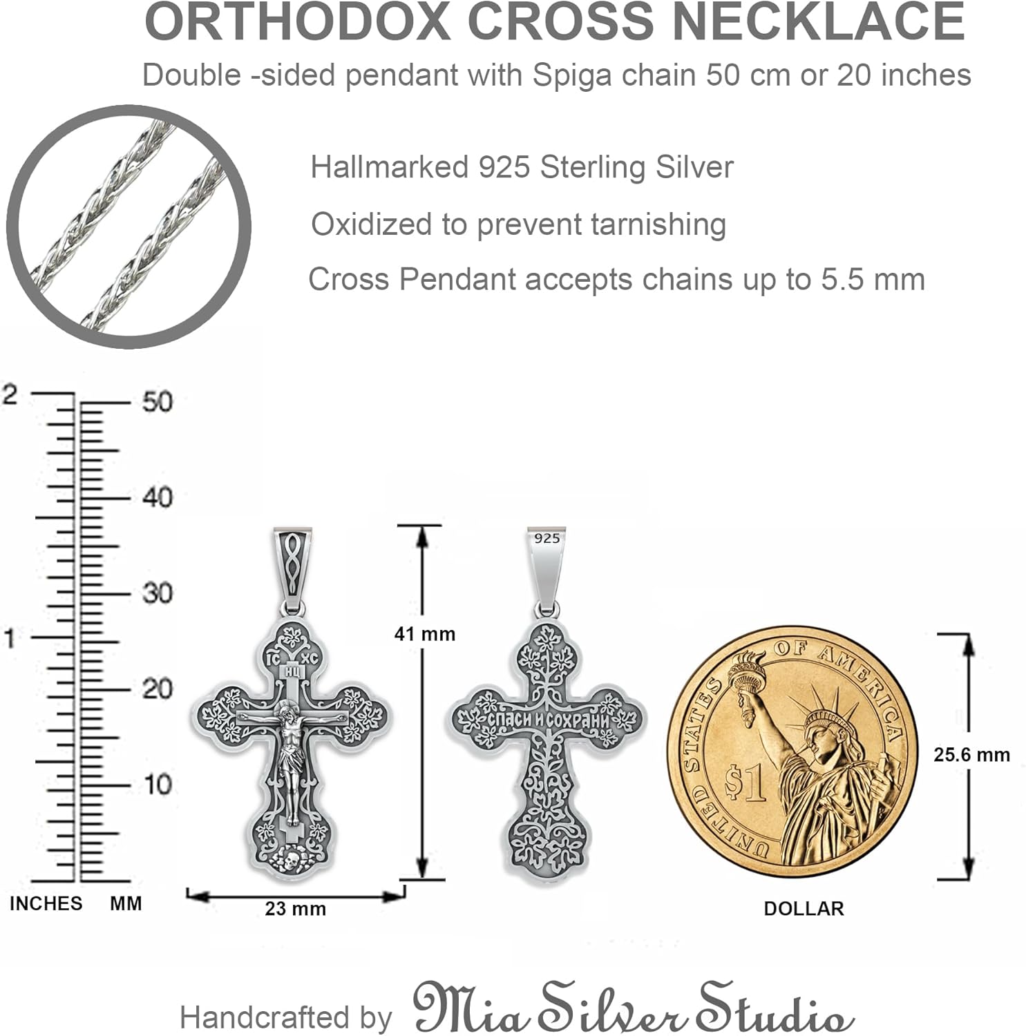 Orthodox Cross Necklace for Women - 925 Sterling Silver - Jesus Christ Crucifix Pendant with Prayer Spiga Rope Chain 20" - Christian Religious Jewelry - Handmade - Image 6