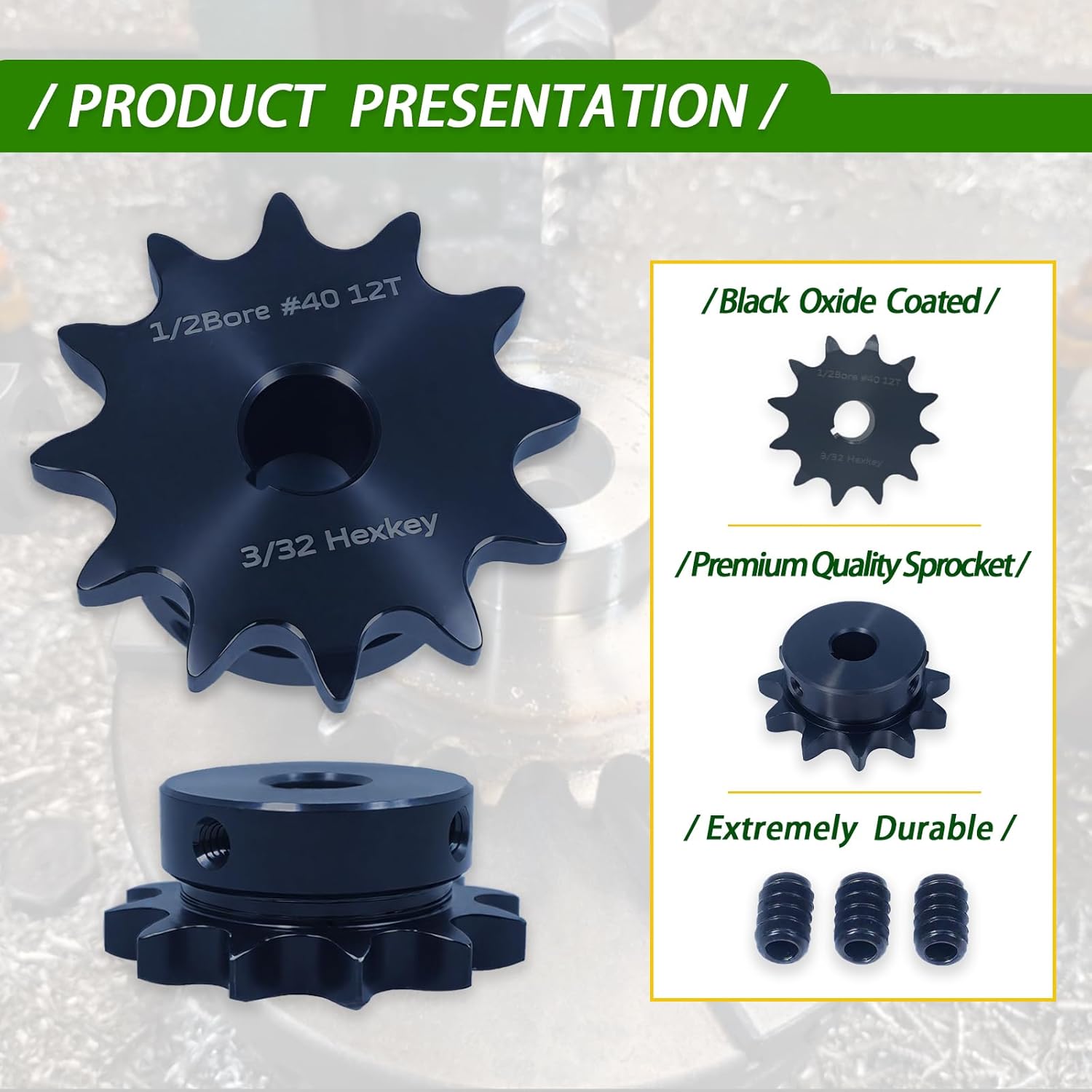 #40 Roller Chain Sprocket 36 Tooth 1" Bore (1/4" Keyway) Black Oxide Rust-Proof with 3 Set Screws for Go-Kart Mini Bike ATV Tractor Conveyor, Hardened 1045 Steel 40BS36-1 - Image 4