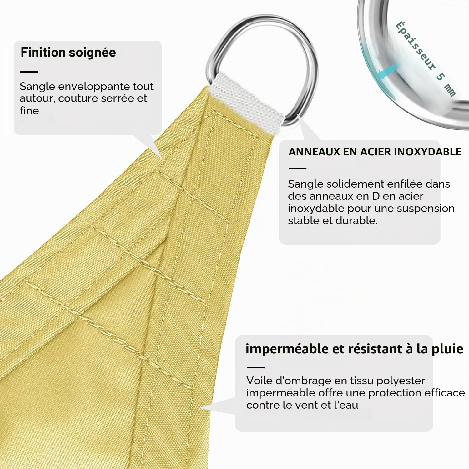 Sichtschutz Voile d'ombrage triangulaire, imperméable, 98 % de protection UV, indéchirable et résistant aux intempéries, en polyester PES, plusieurs longueurs et largeurs au choix, avec cordes de