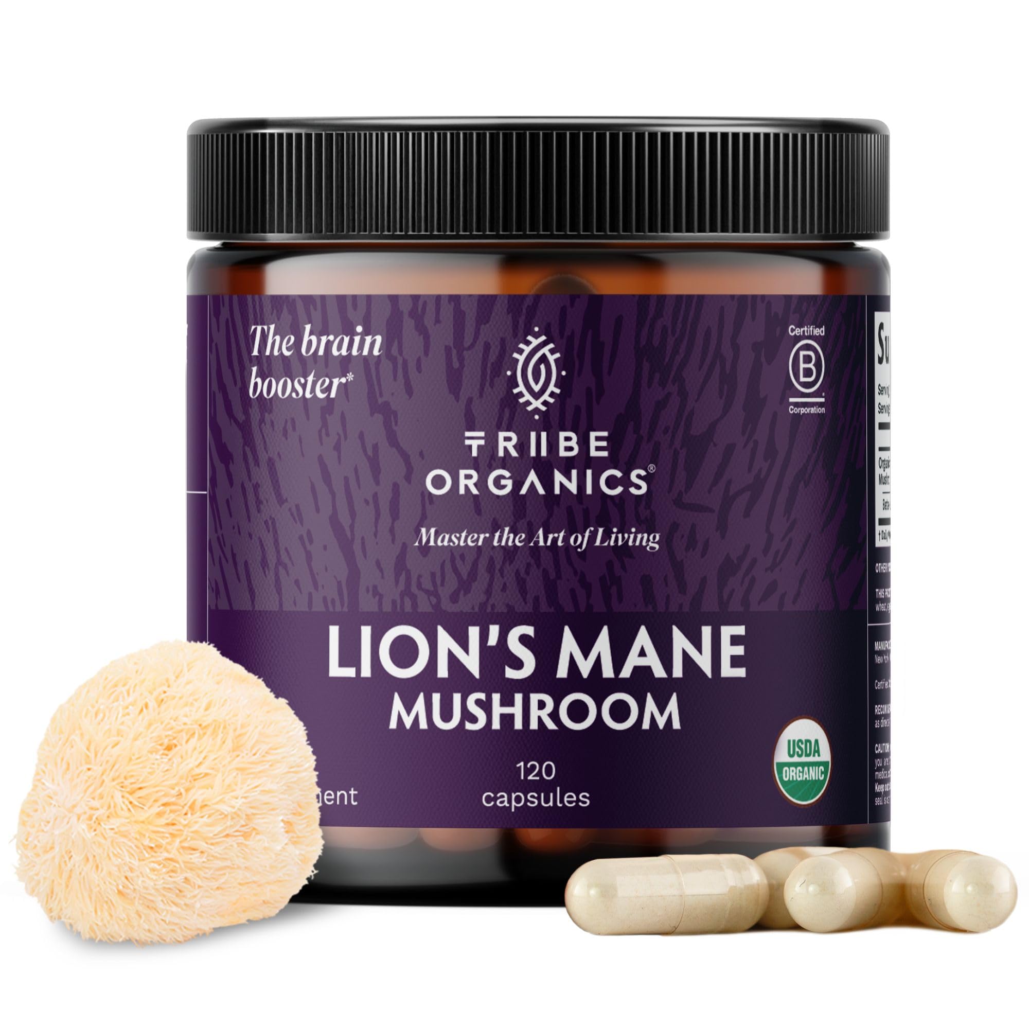 TRIBE ORGANICS 100% Pure Lions Mane Mushroom Extract (Fruiting Body) + Bioperine (Absorption Enhancer) - 120 Vegan Capsules, 1800mg - Brain Booster. Mental Clarity. Immune Support