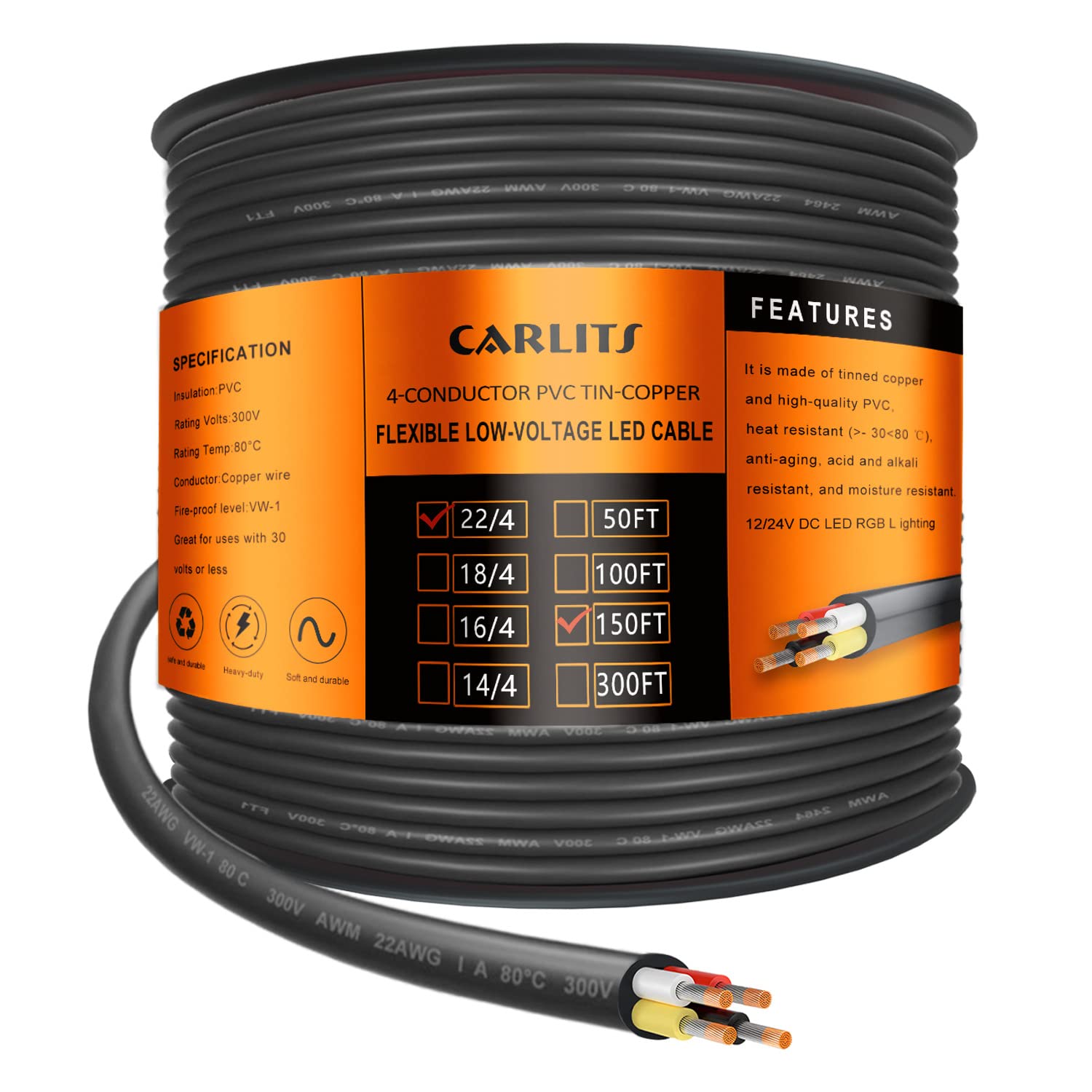 22 Gauge 4 Conductor Electrical Wire,150FT Black Stranded Low Voltage 22/4 Cable PVC Case, Flexible Extension Power Cord for LED Lamp