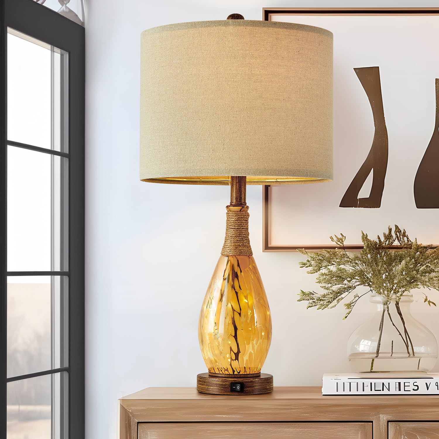 OYEARS 23" USB A+C Table Lamp for Bedroom Living Room Modern Bedside Lamps Retro Farmhouse Rattan Glass Nightstand Nightlight Lamps (Amber),Two Light Points Wood Brown