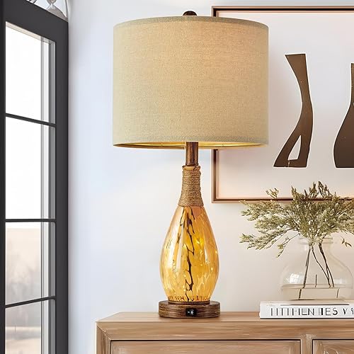 Miniatura 2 de OYEARS Lámpara de mesa USB A+C de 23 pulgadas para dormitorio, sala de estar, lámparas de noche modernas retro de casa de campo de ratán de cristal