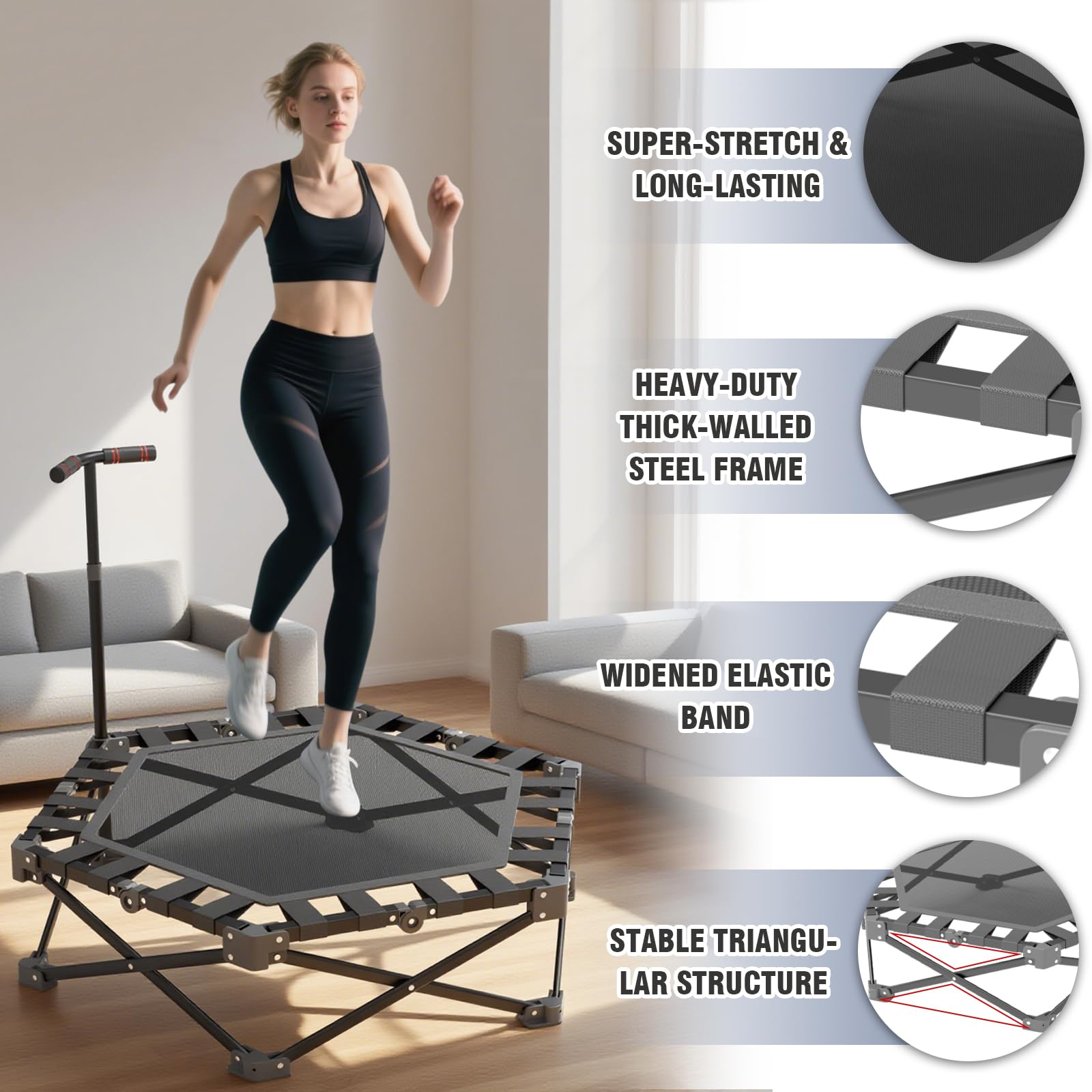 Trampoline Fitness 106cm Mini Trampolines Pliables Charge maximale 300 KG Trampoline Interieur Pliant sans Installation Trampolines Adulte avec Poignée Réglable 3 Hauteurs