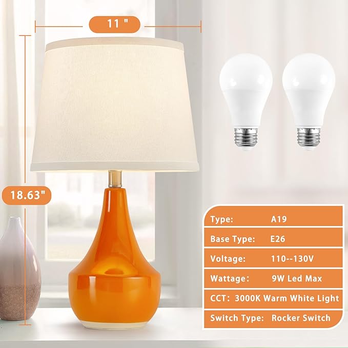 GyroVu GyroVu Table Lamp Set of 2, Ceramic Table Lamp Classic Beside Lamps Nightstand Lamp Modern Table Lamp for Living Room, Bedroom & Office Rocker Swtich Orange-LED Bulbs Included photo 5