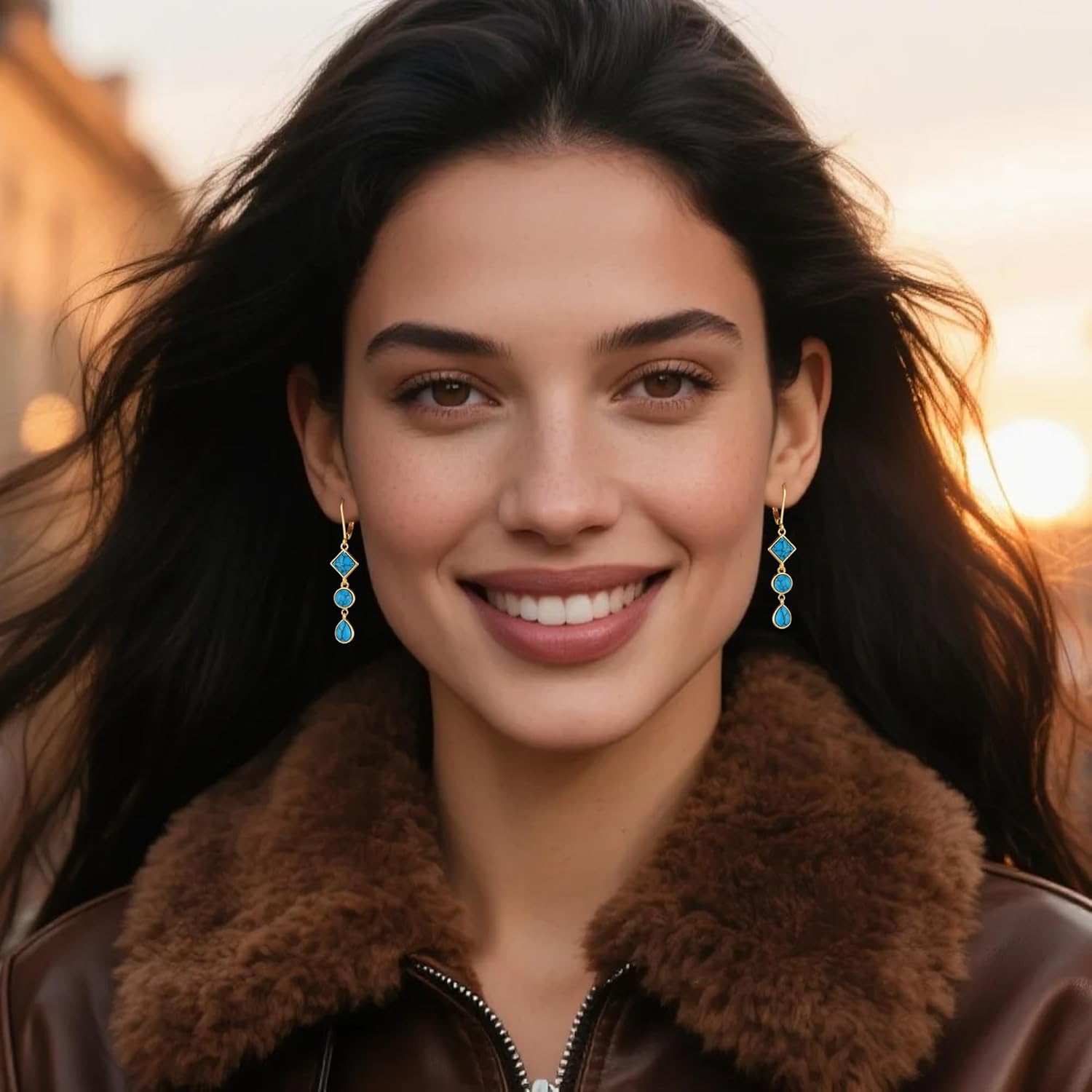 ALEXCRAFT 925 Sterling Silver Dangle Earrings for Women Trendy Hypoallergenic Lightweight Statement 14k Gold Plated Boho Turquoise Jewelry Long Teardrop Round Square Leverback Earrings for Women - Image 5