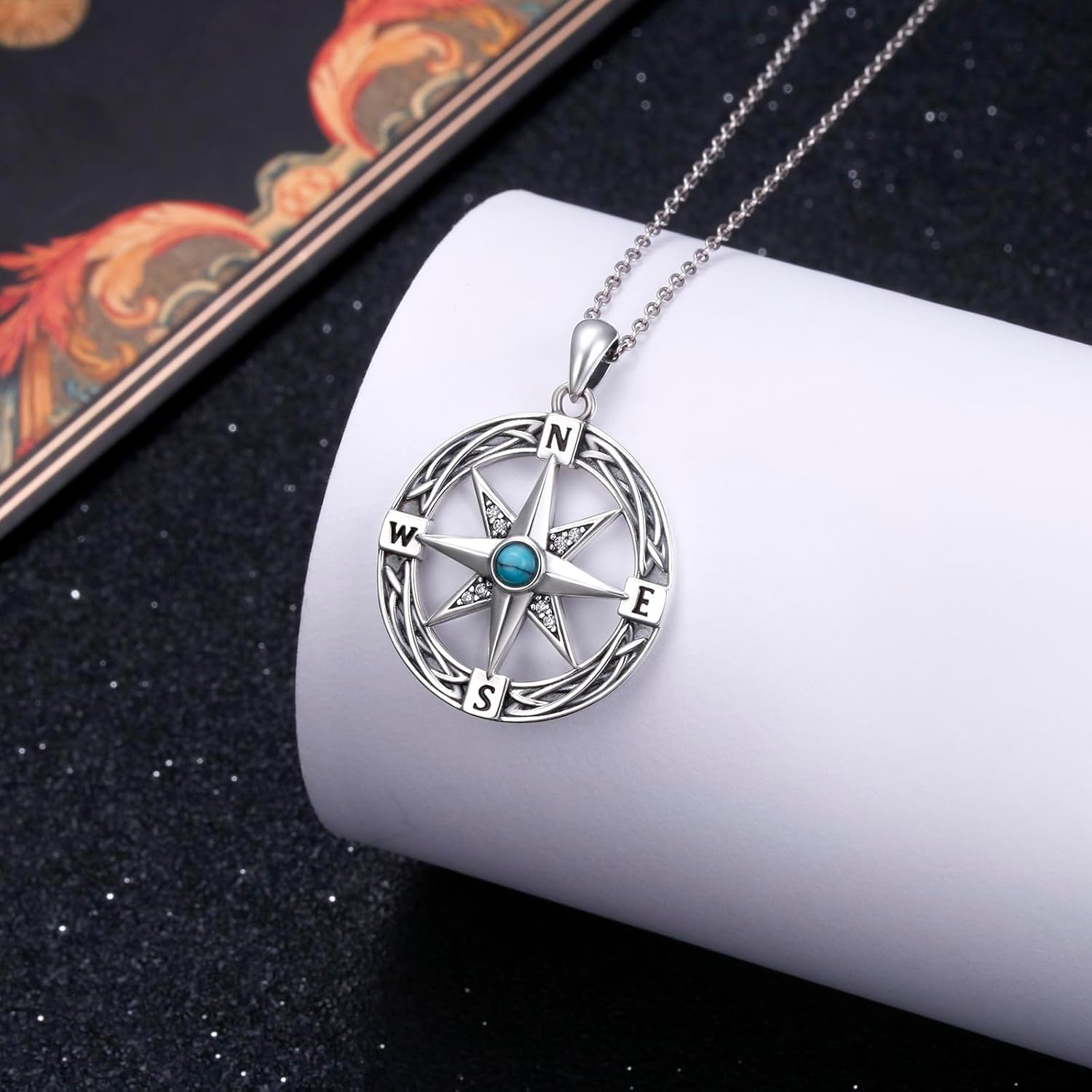 Ladytree 925 Sterling Silver Turquoise Compass Necklace Celtic Knot Travel Talisman Friendship Pendant Inspirational Graduation Gift for Women - Image 2