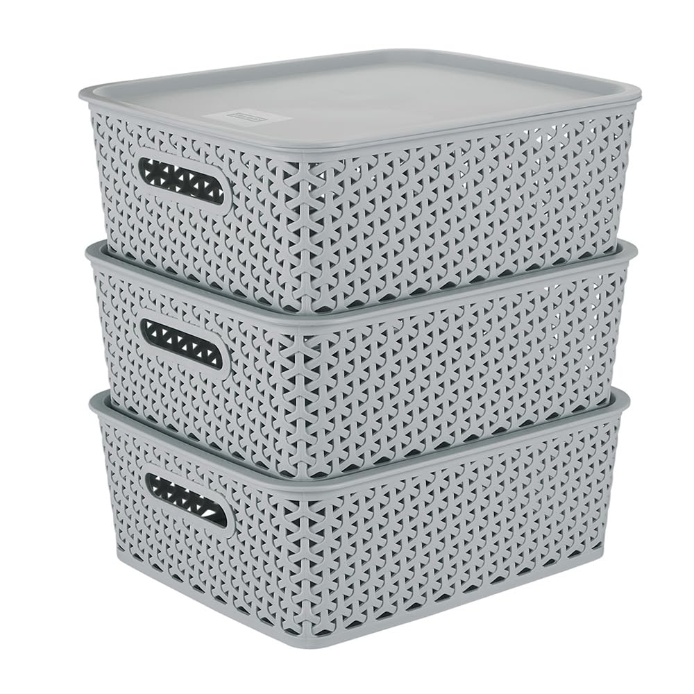 KOLORR Premium Elite Medium Size Plastic Multipurpose Storage Baskets with Lids Pack of 3, Organiser Basket for Home Kitchen Wardrobe Toys Stationary - Daiso Grey