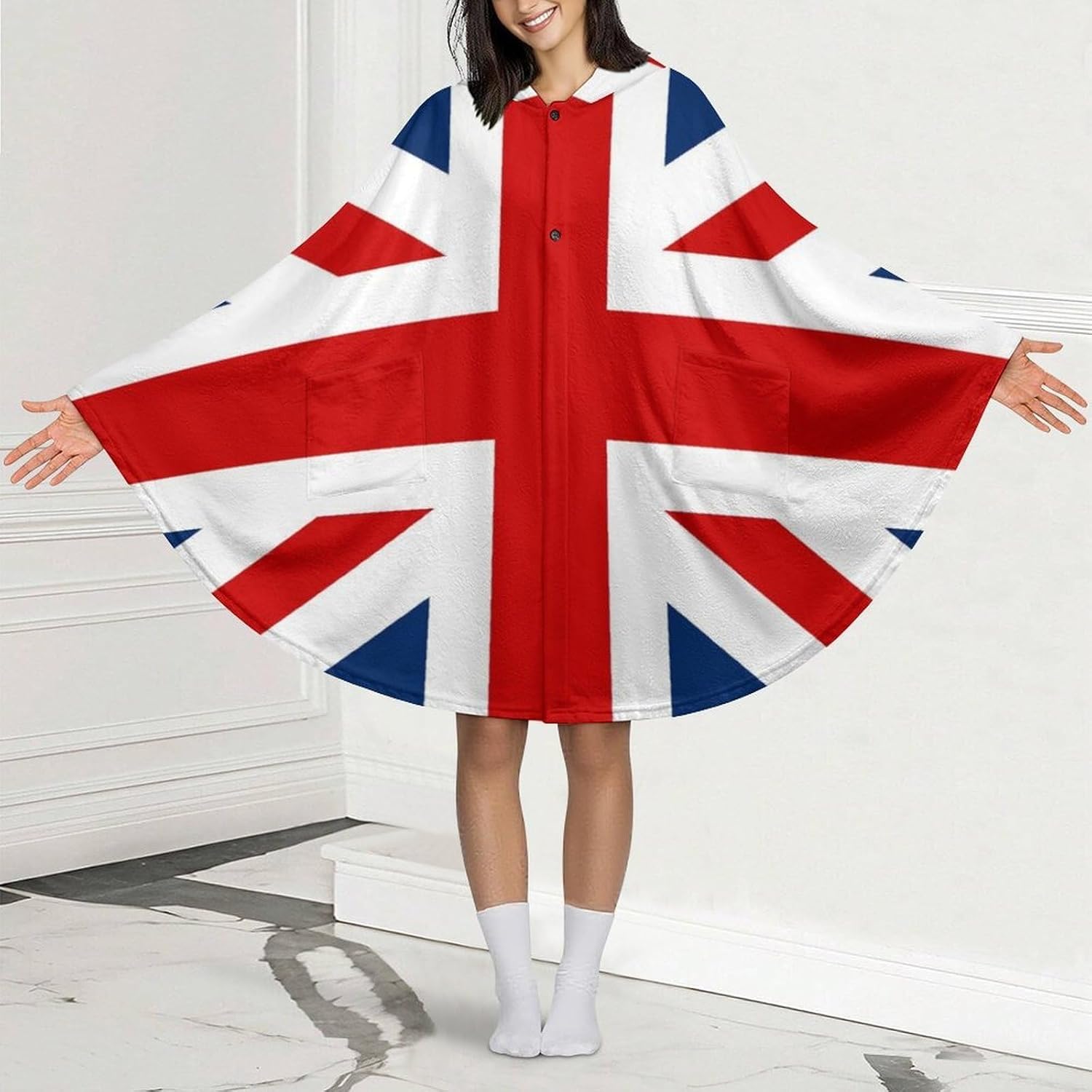 British Flag Wearable Blanket with Hooded Flannel Blankets Cape with Pocket