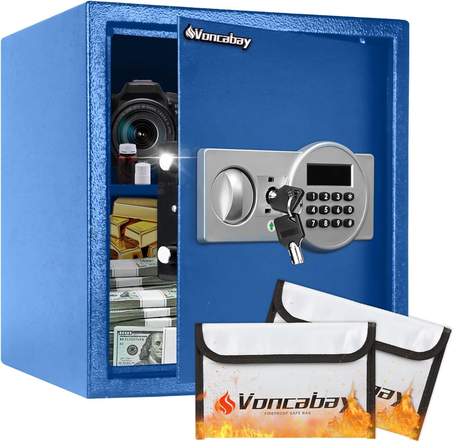Voncabay Money Safe Box for Home with Sensor Light & Fireproof Money Bag - 1.5 Cubic Feet Security Safe Box with Digital Keypad, Keys & Pass Code Lock White