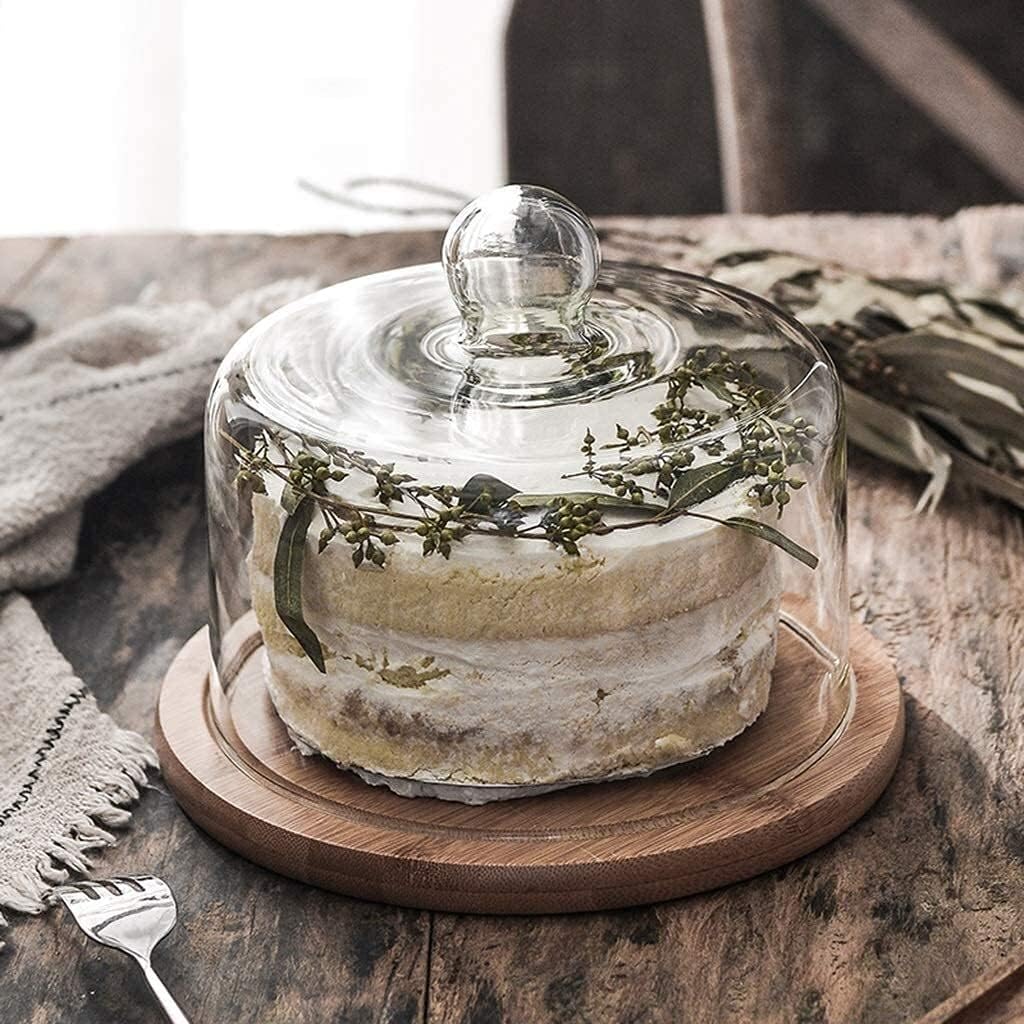 Transparent Glass Cake Dome Home Kitchen Pastry Dome Fruit Bread Decorated Plate Snack Dome Plate Wooden (Size : 26cm) (26cm) image 4