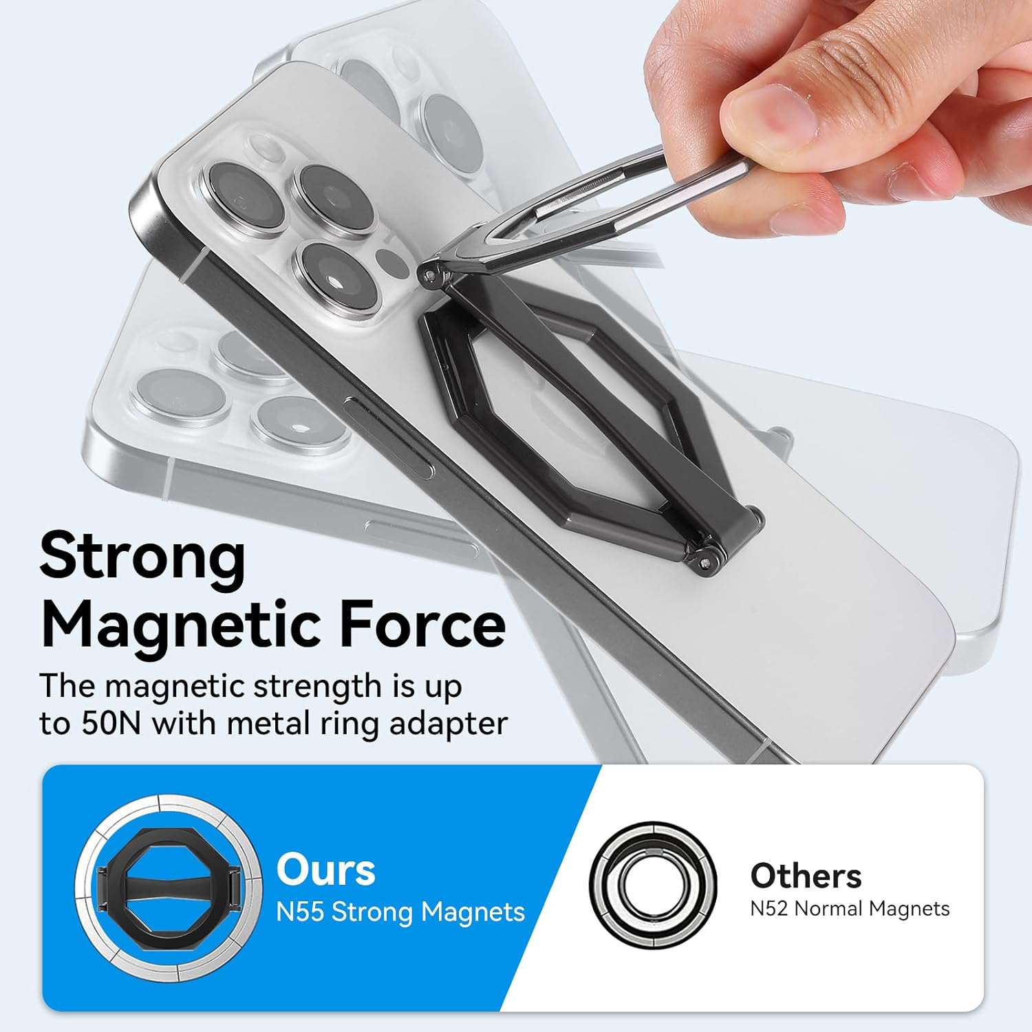 Octagonal Dual Magnetic Foldable 360° Rotating Phone Holder Car Desktop Fitness Universal Use Compatible with iPhone 12-17 Pro Max/Android No Worry Cellphone Drop Strong Magnetism(Black) - Image 3