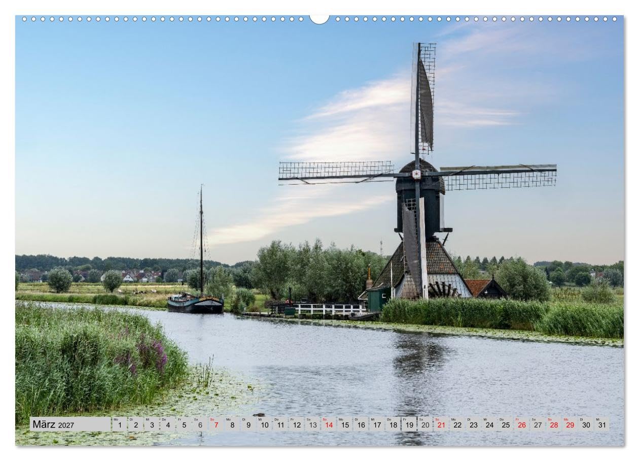 CALVENDO · Im Zauber der Niederlande - Tulpenmeer (Kalender 2027) | DIN A2 Querformat · Wandkalender · Windmühlen · Blütenpracht trifft Mühlenromantik