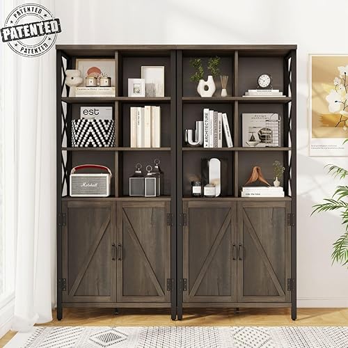 Miniatura 3 de FATORRI Estantería rústica con puertas para sala de estar, oficina en casa, dormitorio (marrón nogal)