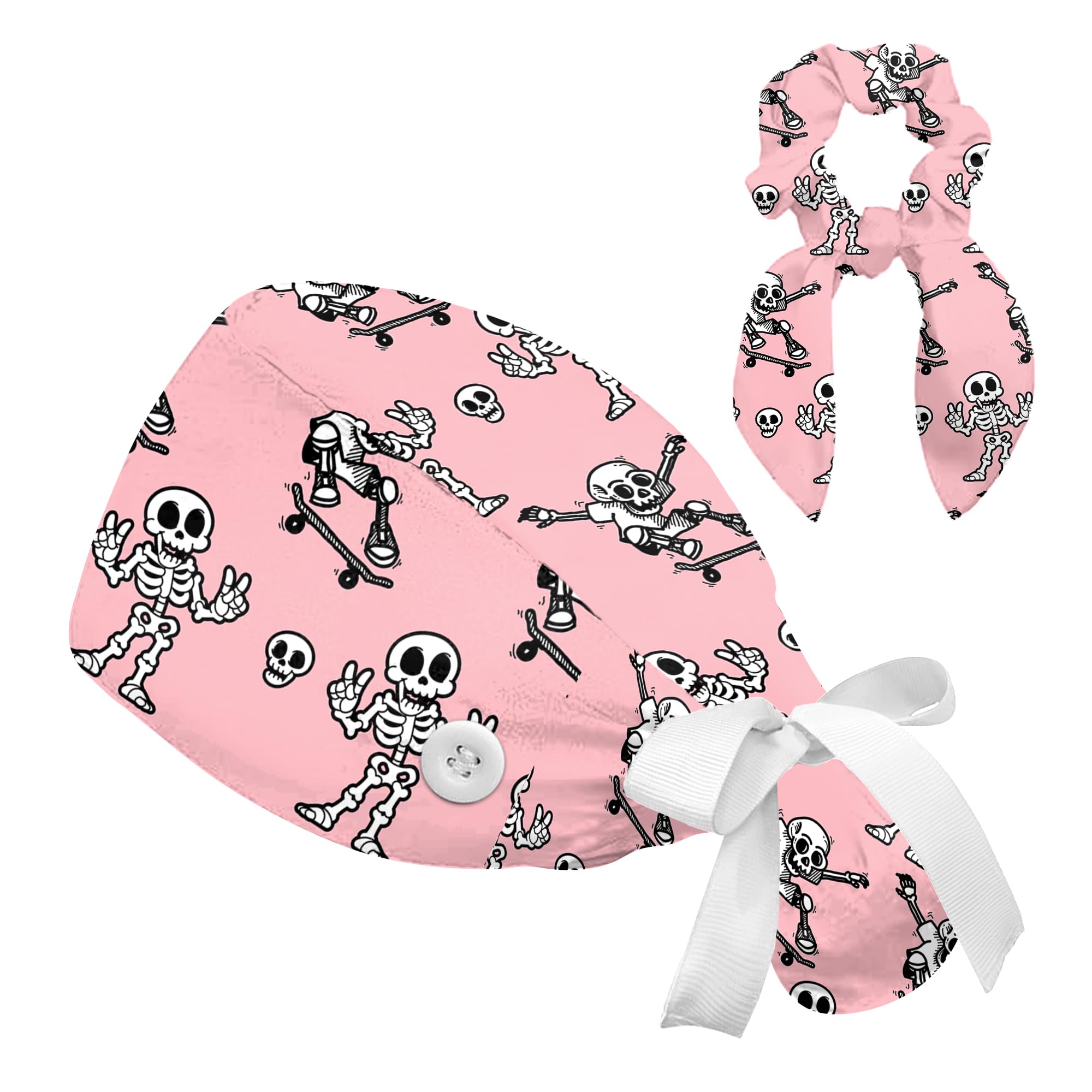 Scrub Caps Women Nursing Hats with Button, Adjustable Working Cap with Ponytail Pouch Scrunchy and Ribbon Tie for Women