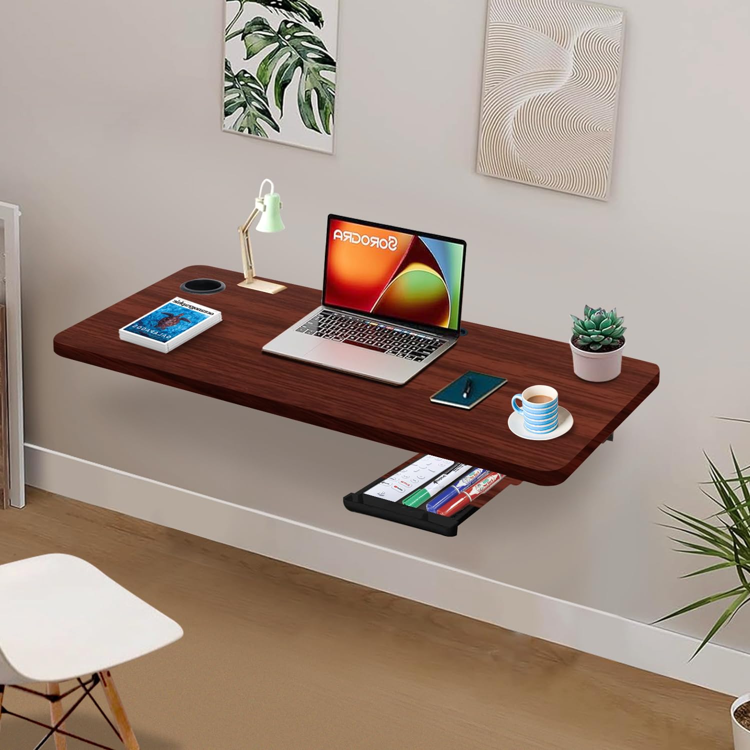 wow craft Wall-Mounted Multipurpose Study Table for Home & Office | Foldable Wooden Desk with Drawer, Cable Slot & Cup Holder | Space Saving Workstation (Brownn)