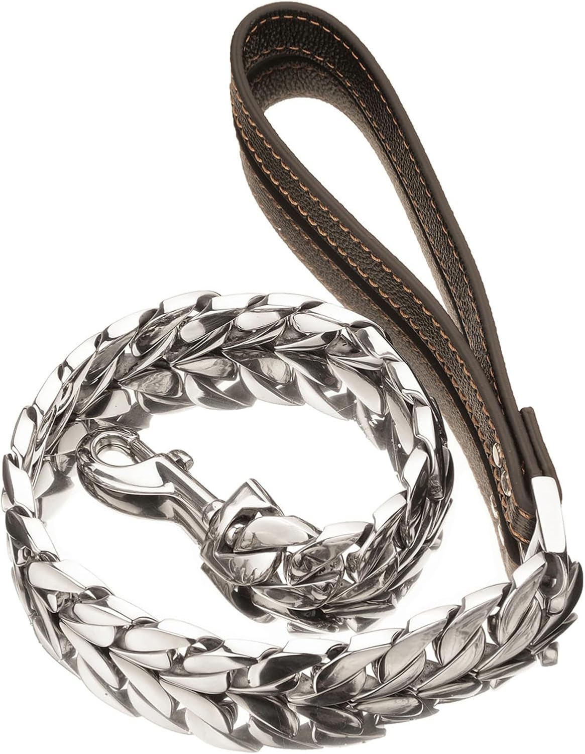 犬用チェーンリーシュ シルバー ステンレススチール 32mm キューバリンク 犬用リード 快適な本革ハンドル付き 子犬中型大型犬用(
