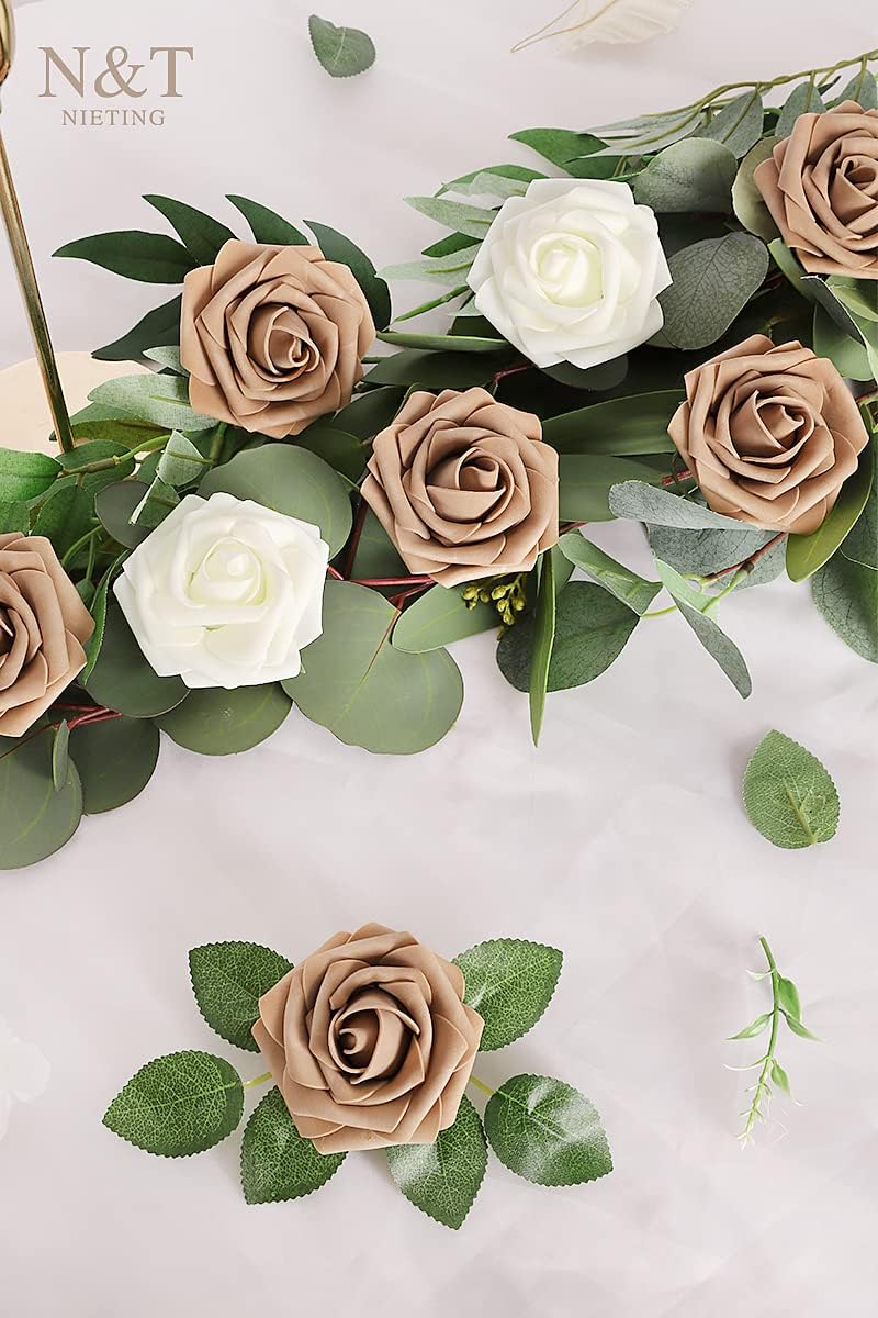 N&T NIETING Artificial Flowers Light Brown Roses, 50 Pcs Faux Flowers Fake Flowers Perfect for DIY Wedding Bouquets Centerpieces Birthday Party Home Flower Arrangement Decorations Fall Flowers - Image 2