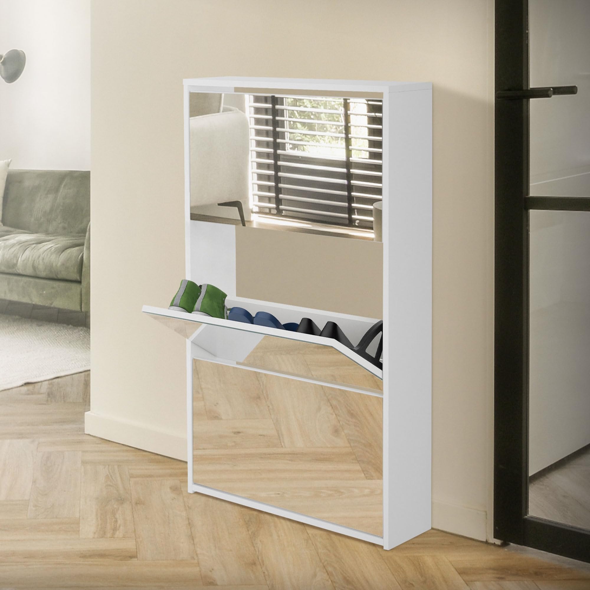 ML-Design Mueble Zapatero Moderno Blanco con 3 Compartimentos para 9 Pares de Zapatos, con Espejo, 63 x 17 x 102,5 cm Hecho de Madera, Armario para Calzado Basculante para Entrada o Recibidor