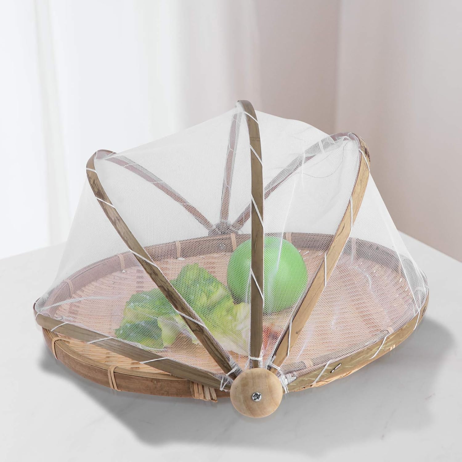 DOITOOL Bamboo Basket 2Pcs Wicker Fruit Mesh Covers Bamboo Woven Food Tents Plate Serving Covers Vegetable Basket Storage Containers for Dining Outdoor Picnics Keep Out Fruit Tray