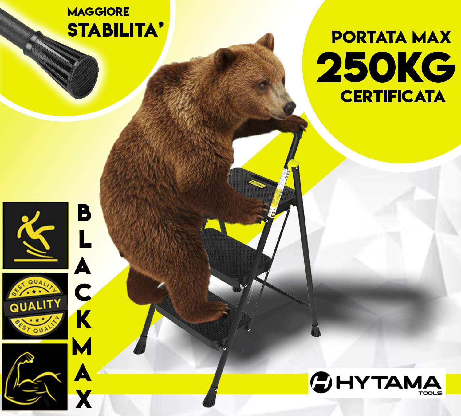HYTAMA Scala Scaletta Pieghevole 3 Gradini Nero con Piedini Antiscivolo, Struttura in Acciaio, Impugnatura in Spugna, Leggera, Multiuso, Certificata EN14183 testata fino a 250Kg