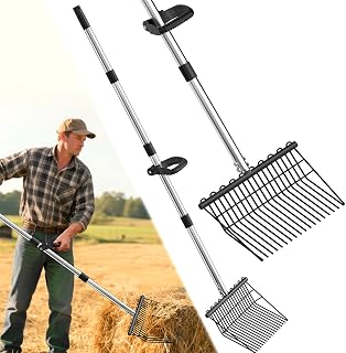 MENGBEI 18-Tine Garden Pitchfork with 53" Adjustable Non-Slip Steel Handle - Durable for Hay, Manure, Compost & Mulch